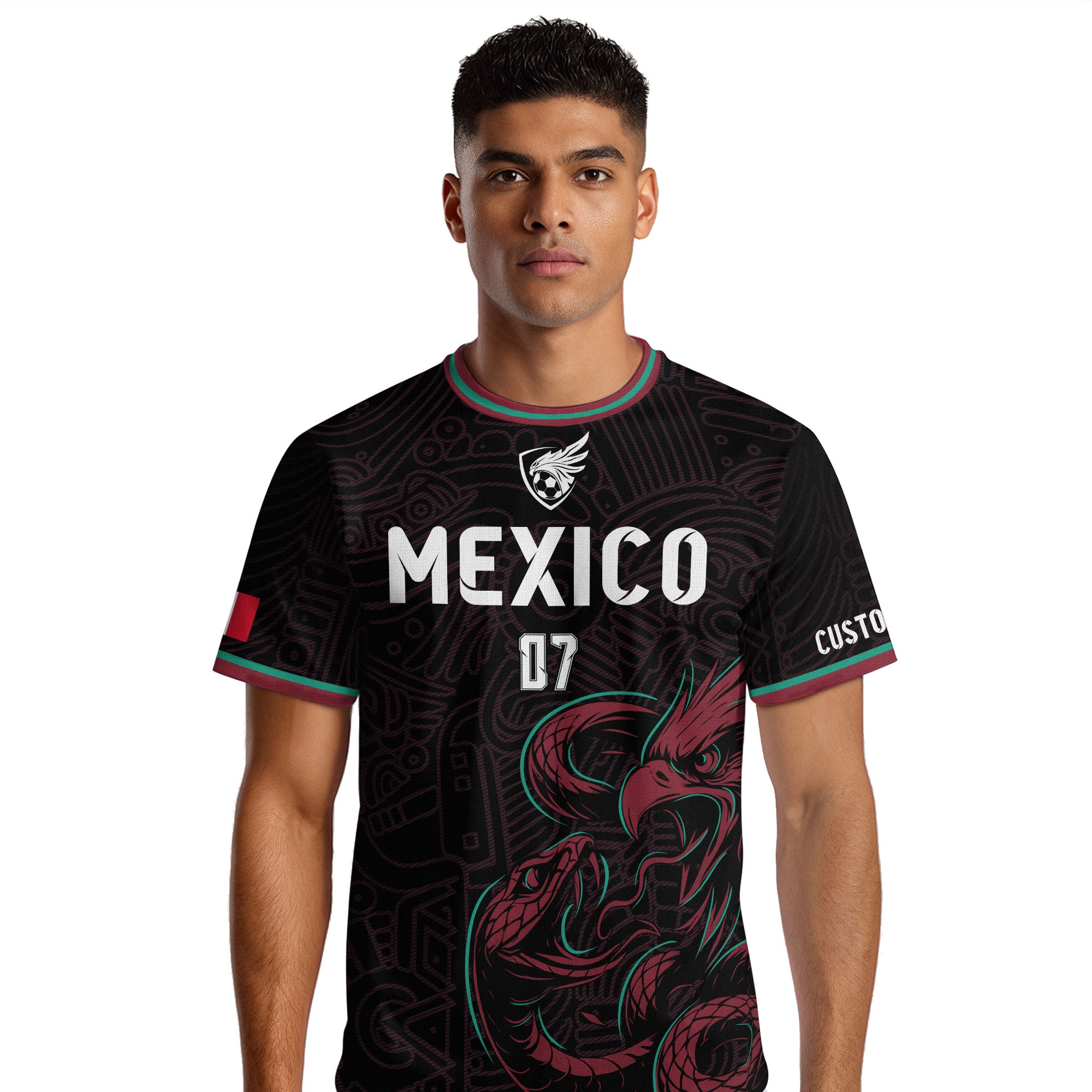 Custom Mexico Black Aztec Eagle Serpent Design Soccer Jersey
