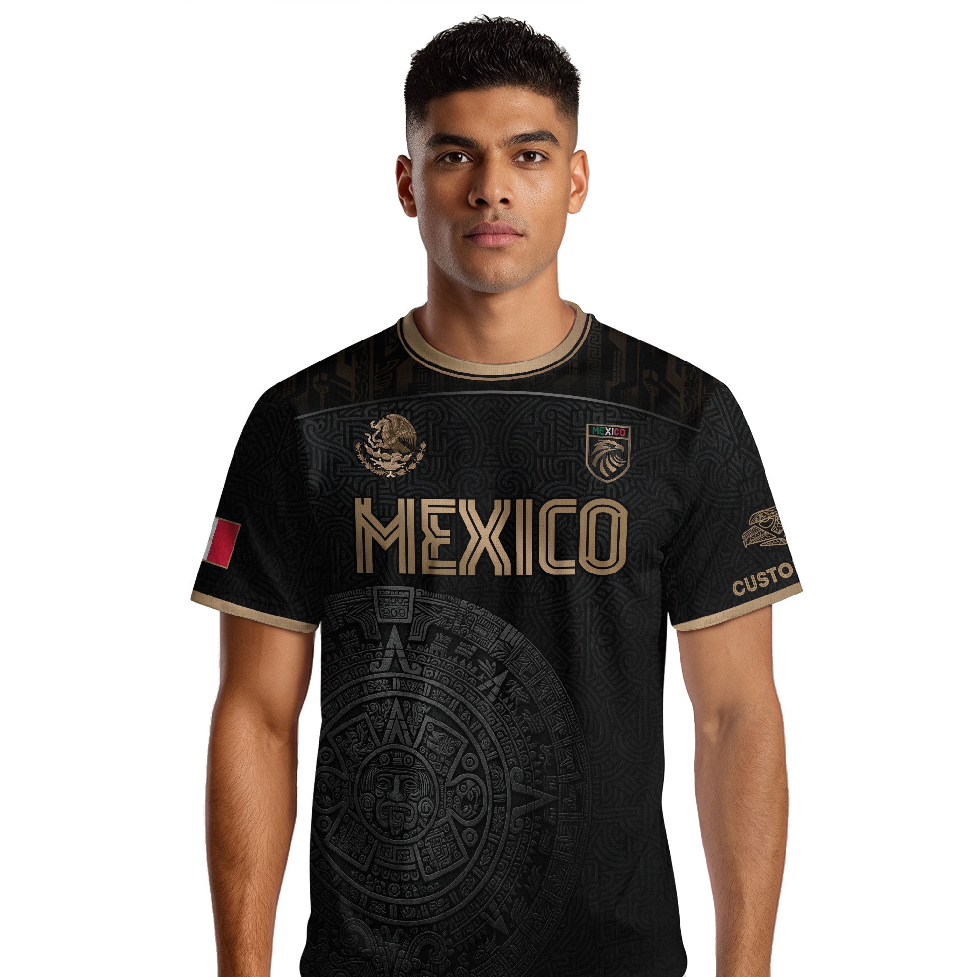 Custom Mexico Black Aztec Calendar Gold Edition Soccer Jersey