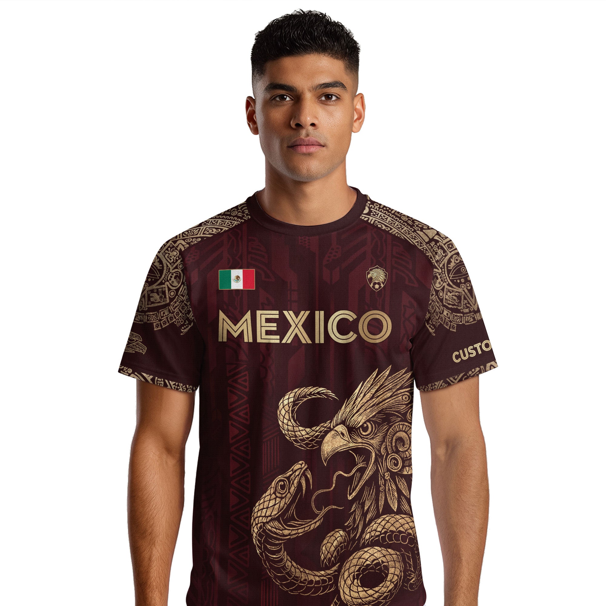 Custom Mexico Burgundy Eagle and Serpent Gold Soccer Jersey