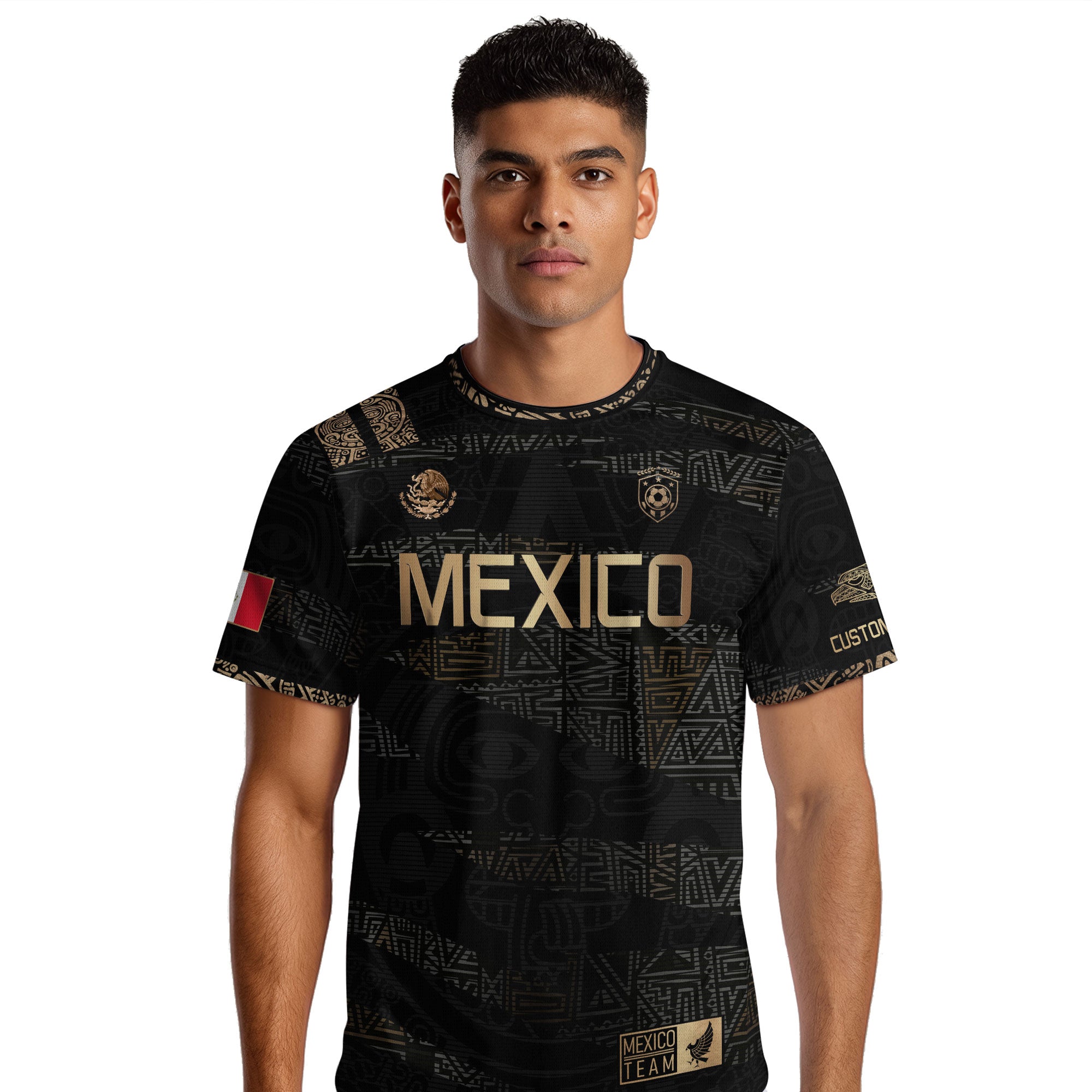 Custom Mexico Soccer Jersey Black Gold Aztec Design