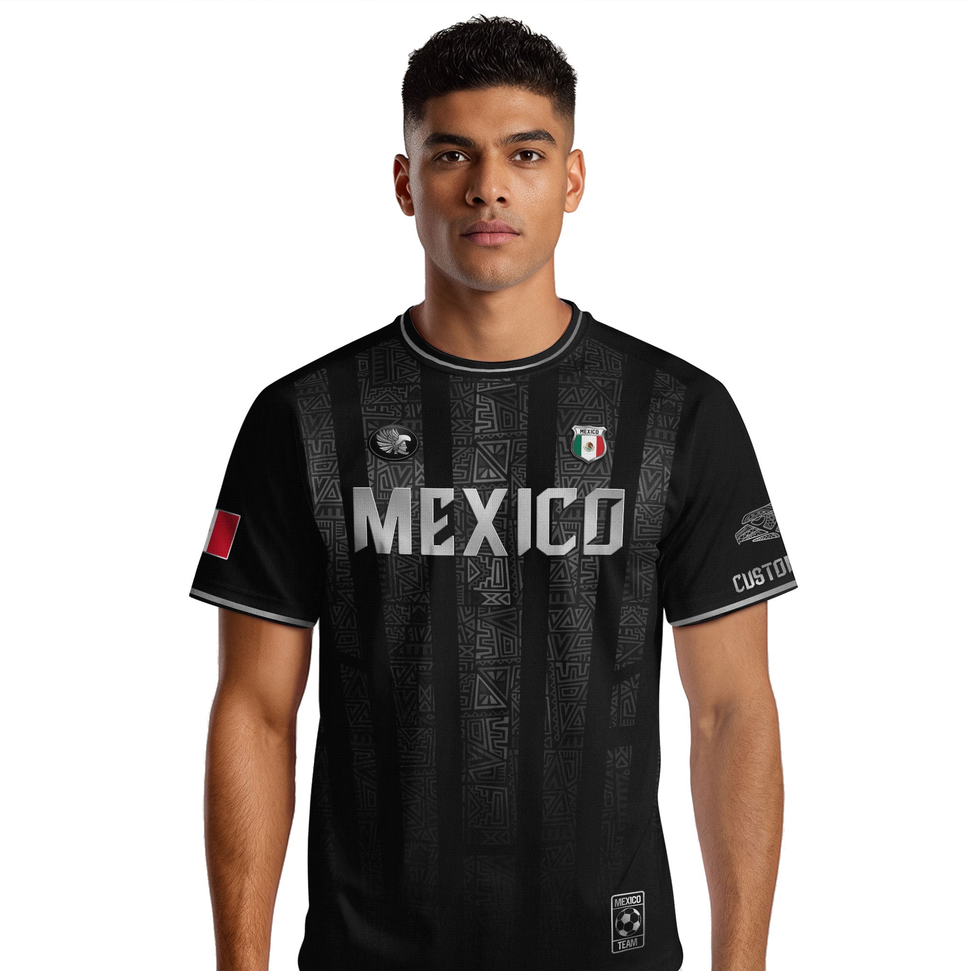 Custom Mexico Black Silver Aztec Pattern Soccer Jersey