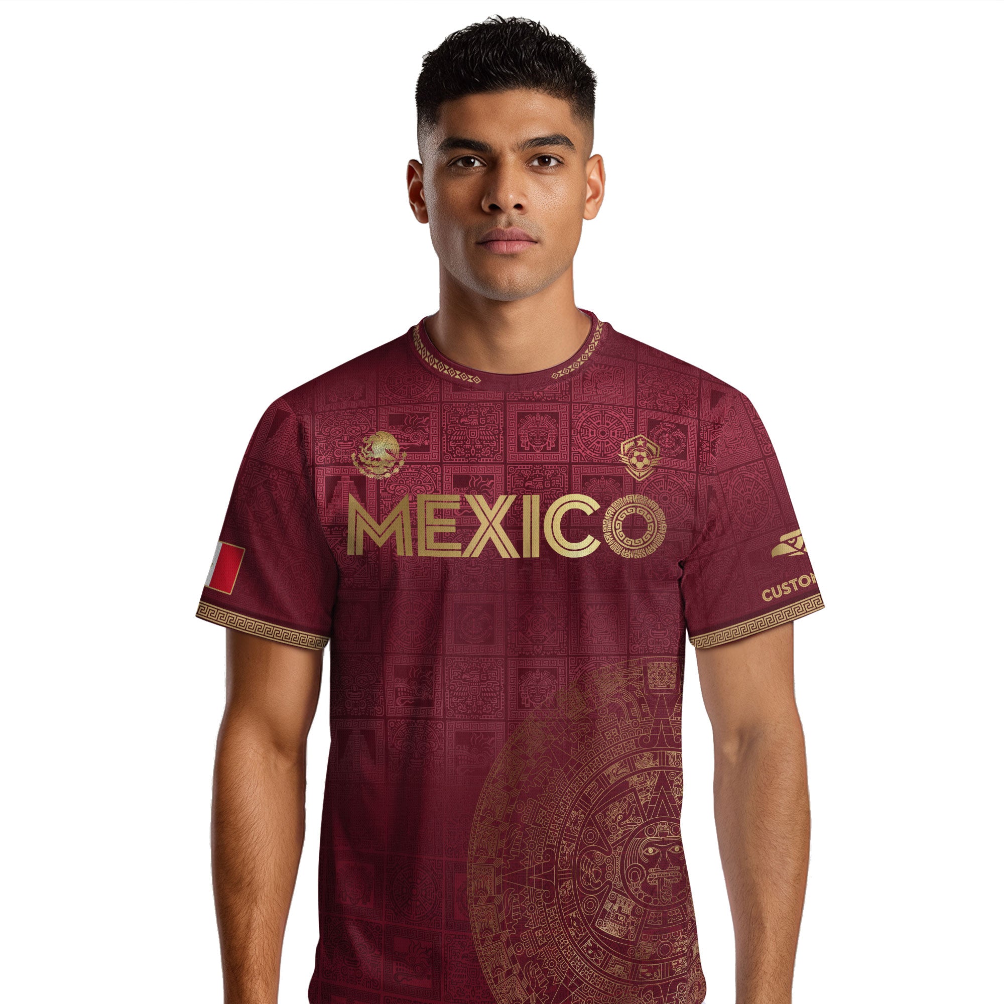 Custom Mexico Maroon Golden Aztec Calendar Soccer Jersey