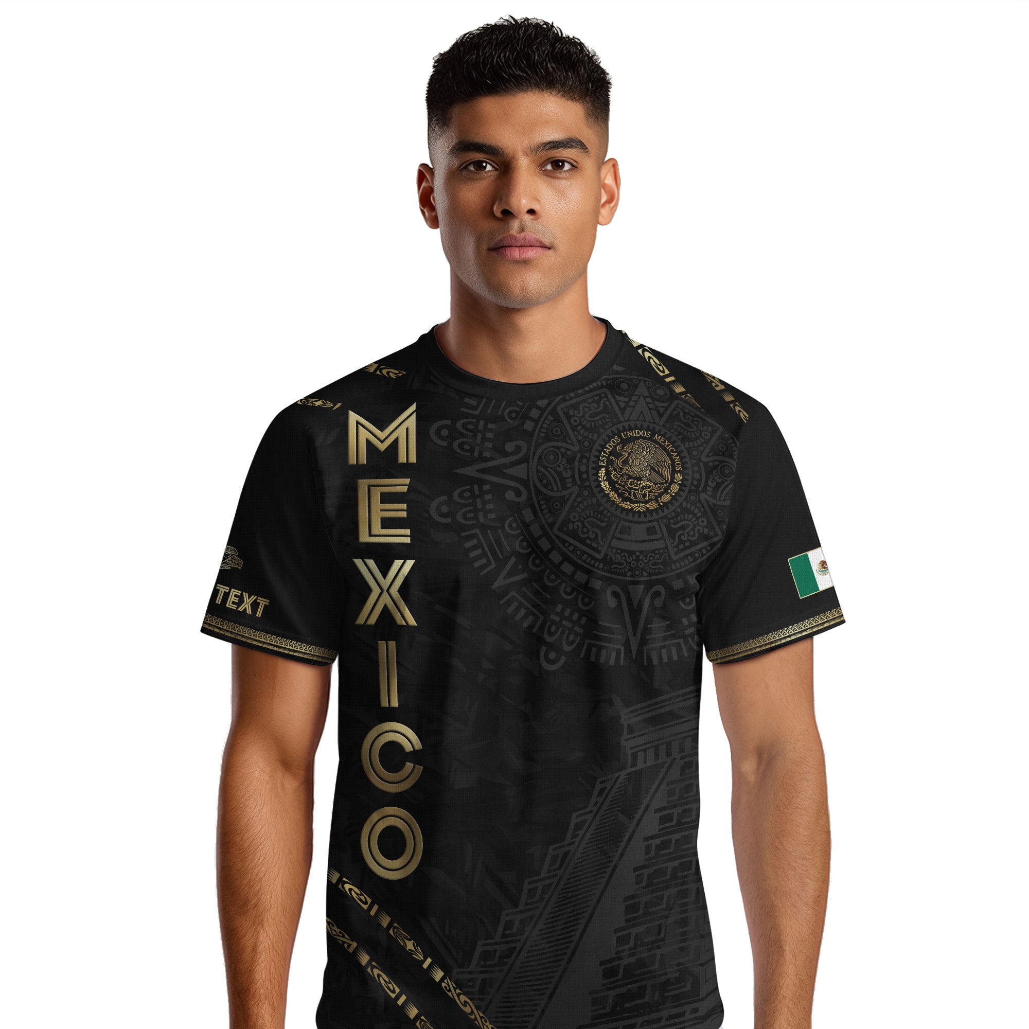Custom Mexico Black Gold Aztec Calendar Pyramid Design Soccer Jersey