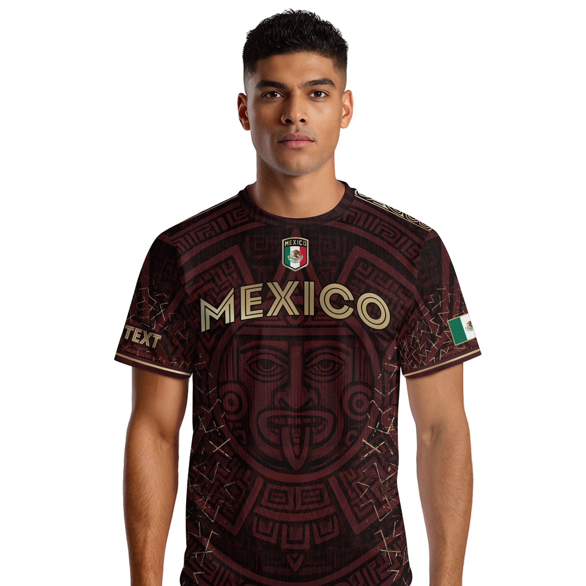 Custom Soccer Jersey Mexico Burgundy Gold Aztec Sun Design