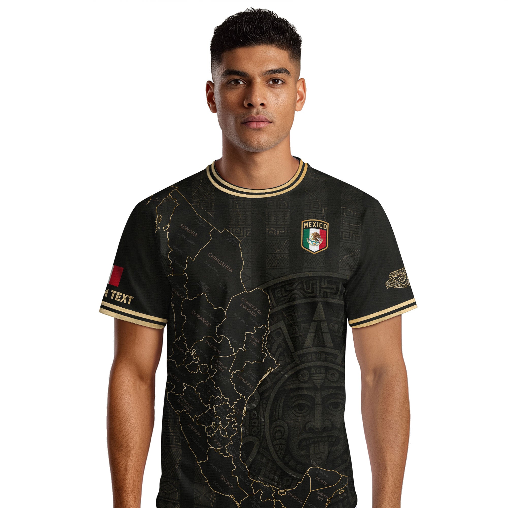 Custom Mexico Black Gold Map Aztec Sun Design Soccer Jersey