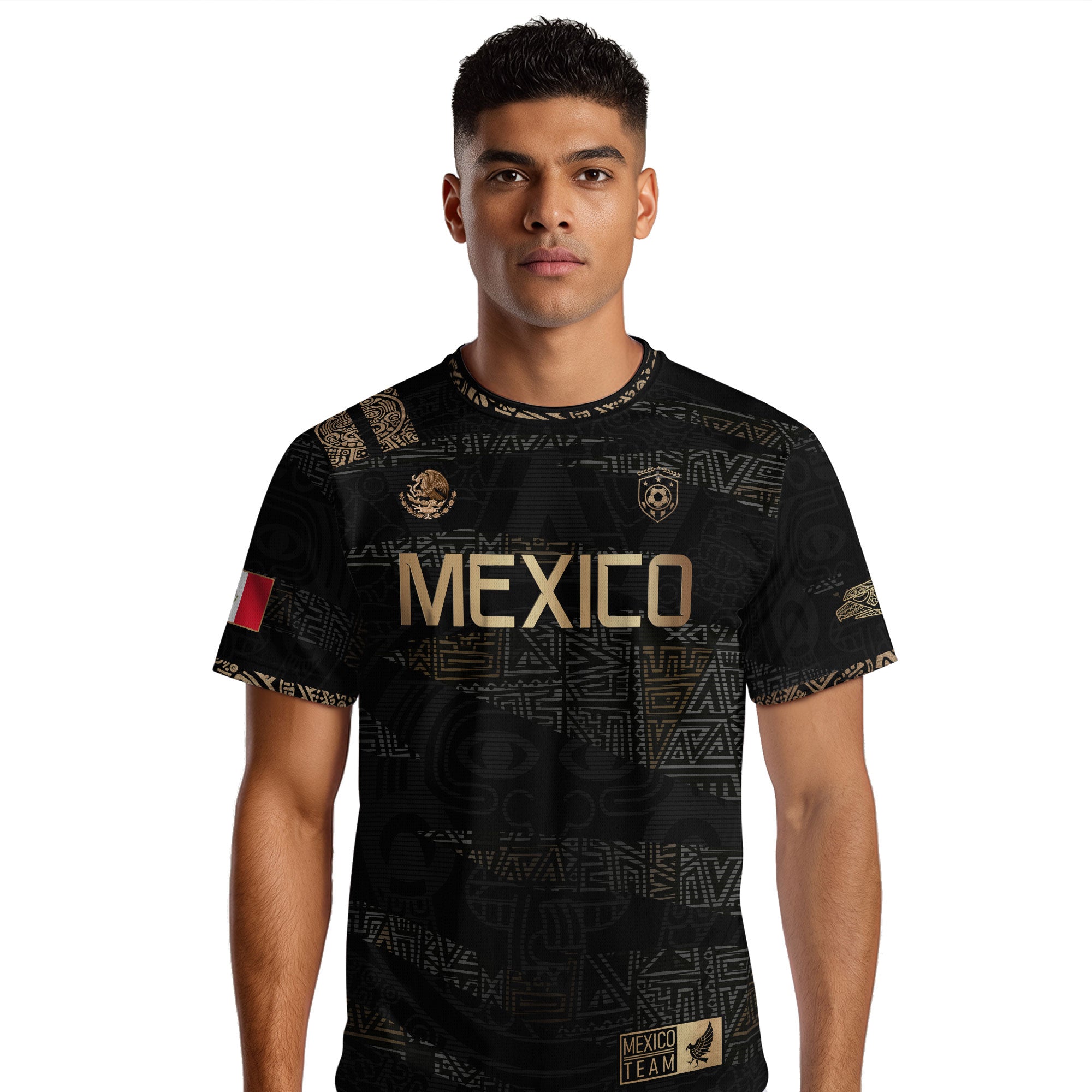 Mexico Black Gold Aztec Heritage Soccer Jersey with Eagle Crest Design
