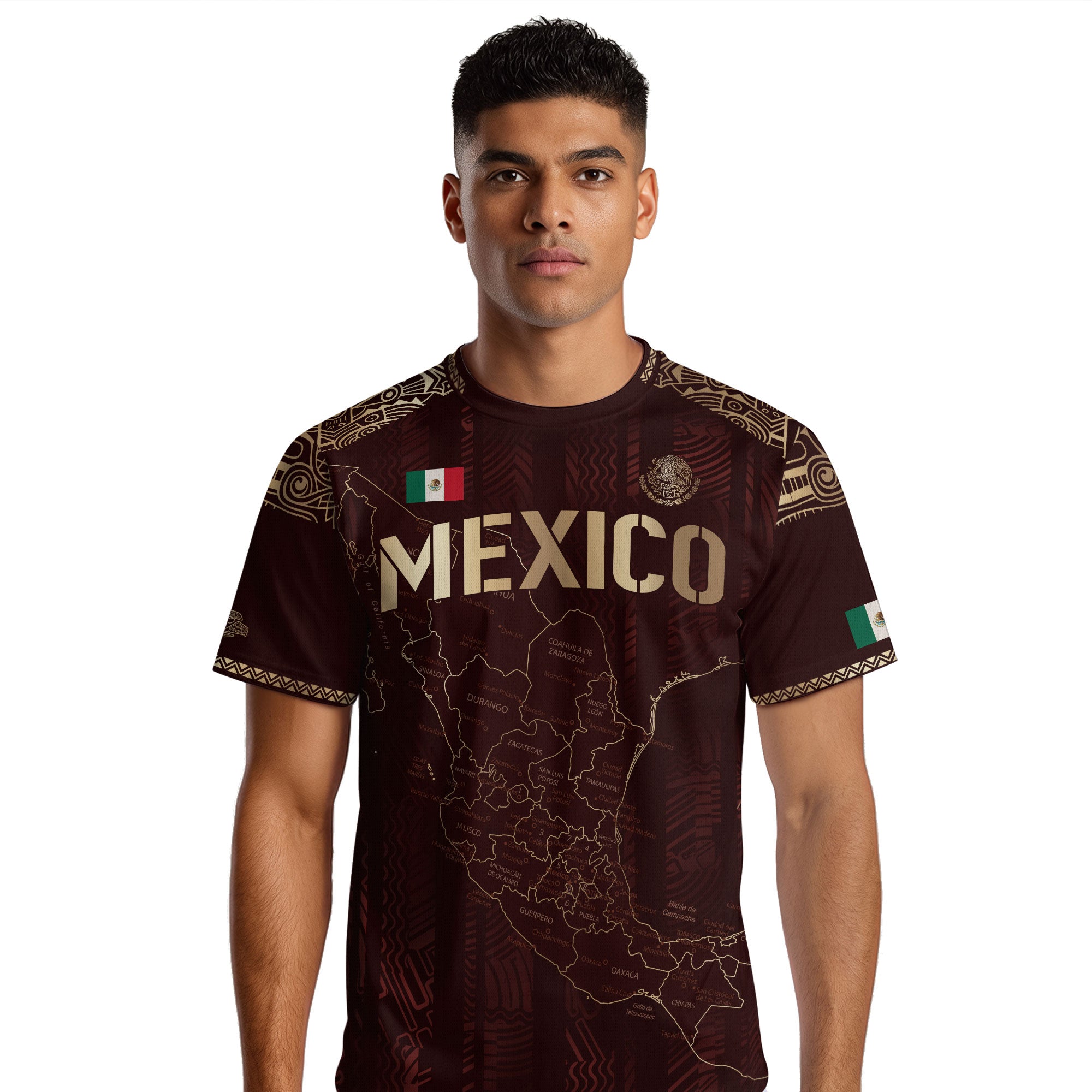 Mexico Soccer Jersey Burgundy Map Aztec Pattern Heritage Golden Details Design