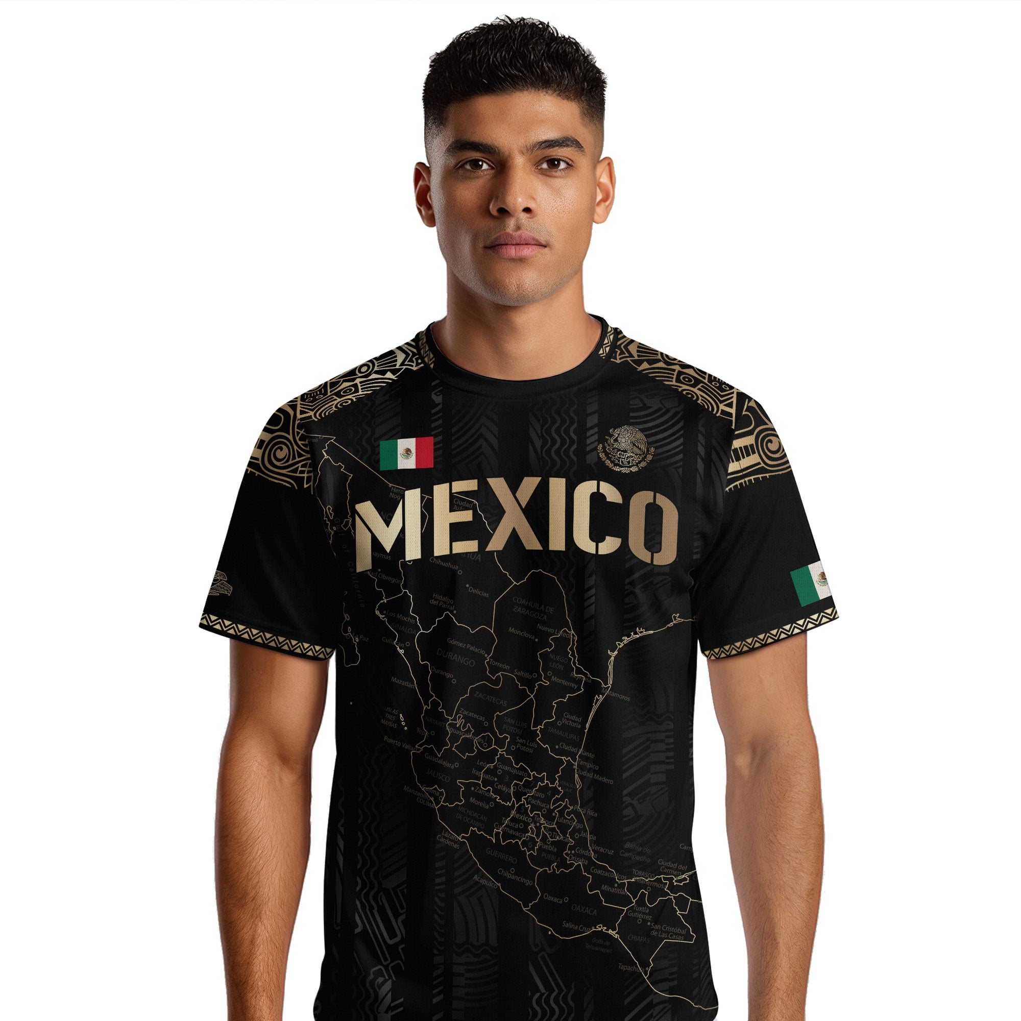 Mexico Black Heritage Map Soccer Jersey with Golden Aztec Details