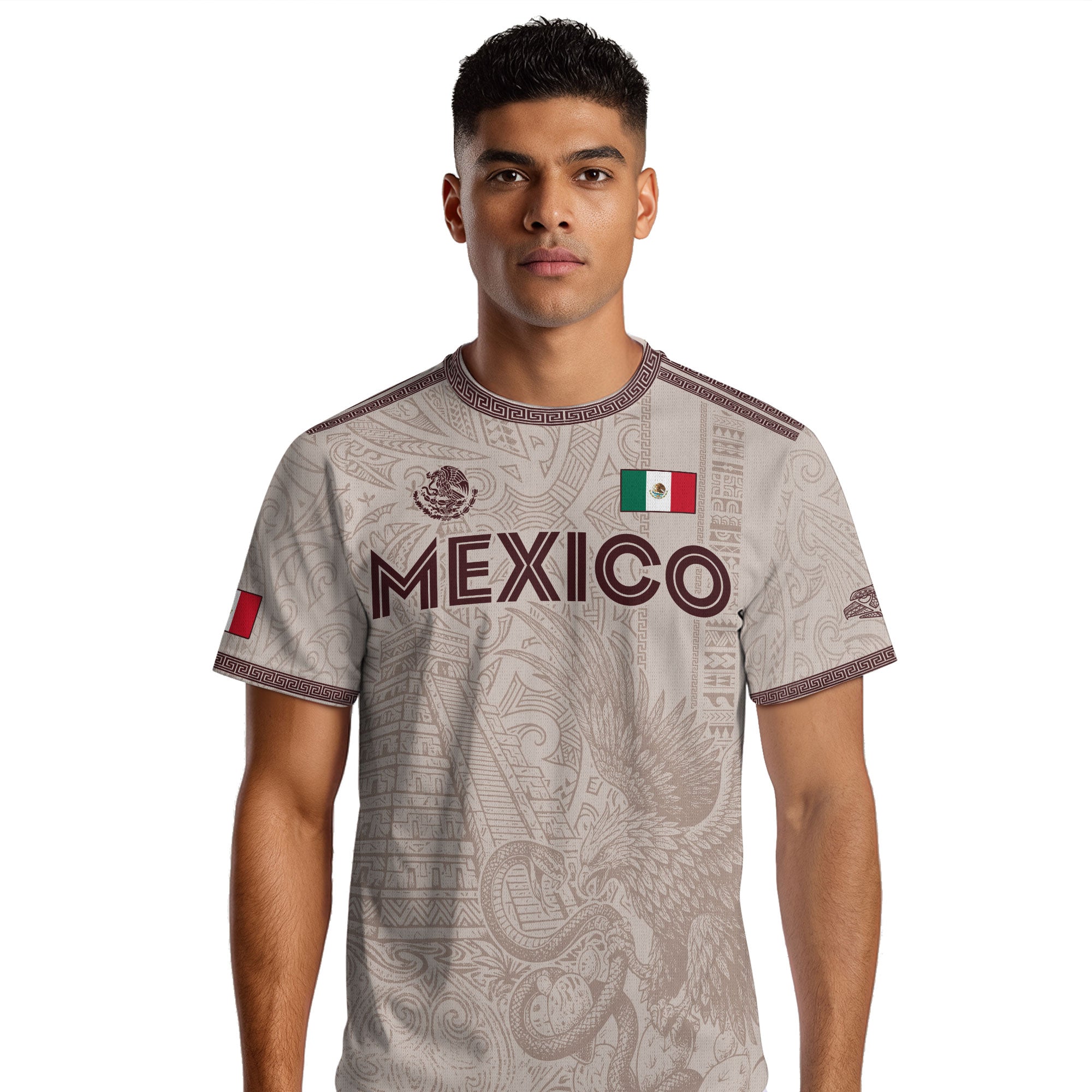 Camiseta de fútbol de México con diseño de águila de piedra solar azteca