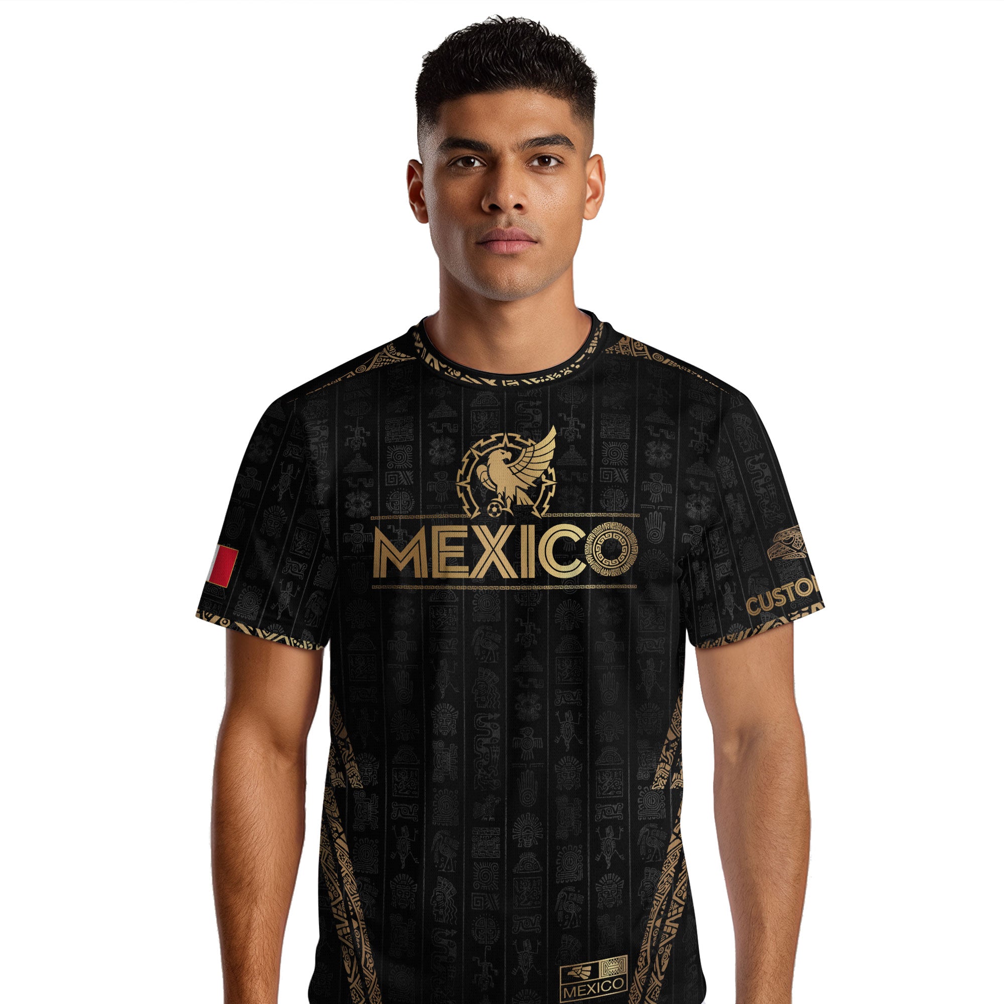 Custom Mexico Black Gold Soccer Jersey with Aztec Eagle Design