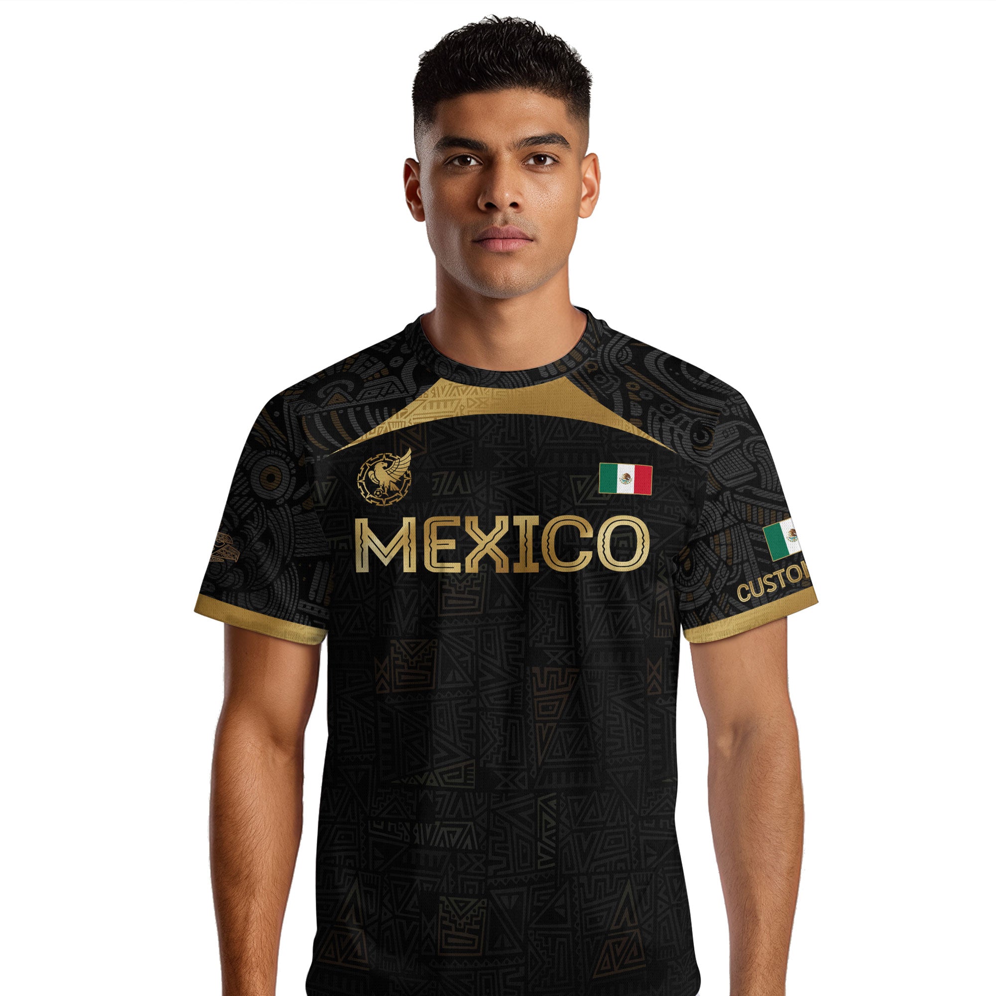 Custom Mexico Black Gold Soccer Jersey with Aztec Warrior Pattern