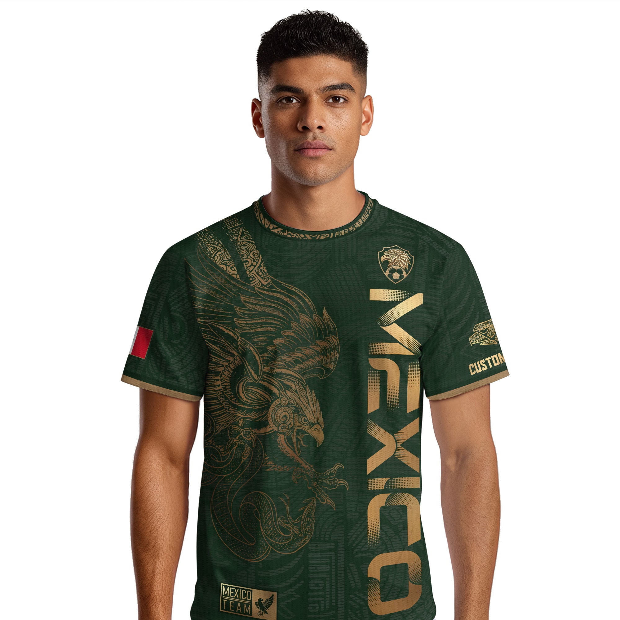 Custom Mexico Green Gold Soccer Jersey with Aztec Eagle Serpent Design
