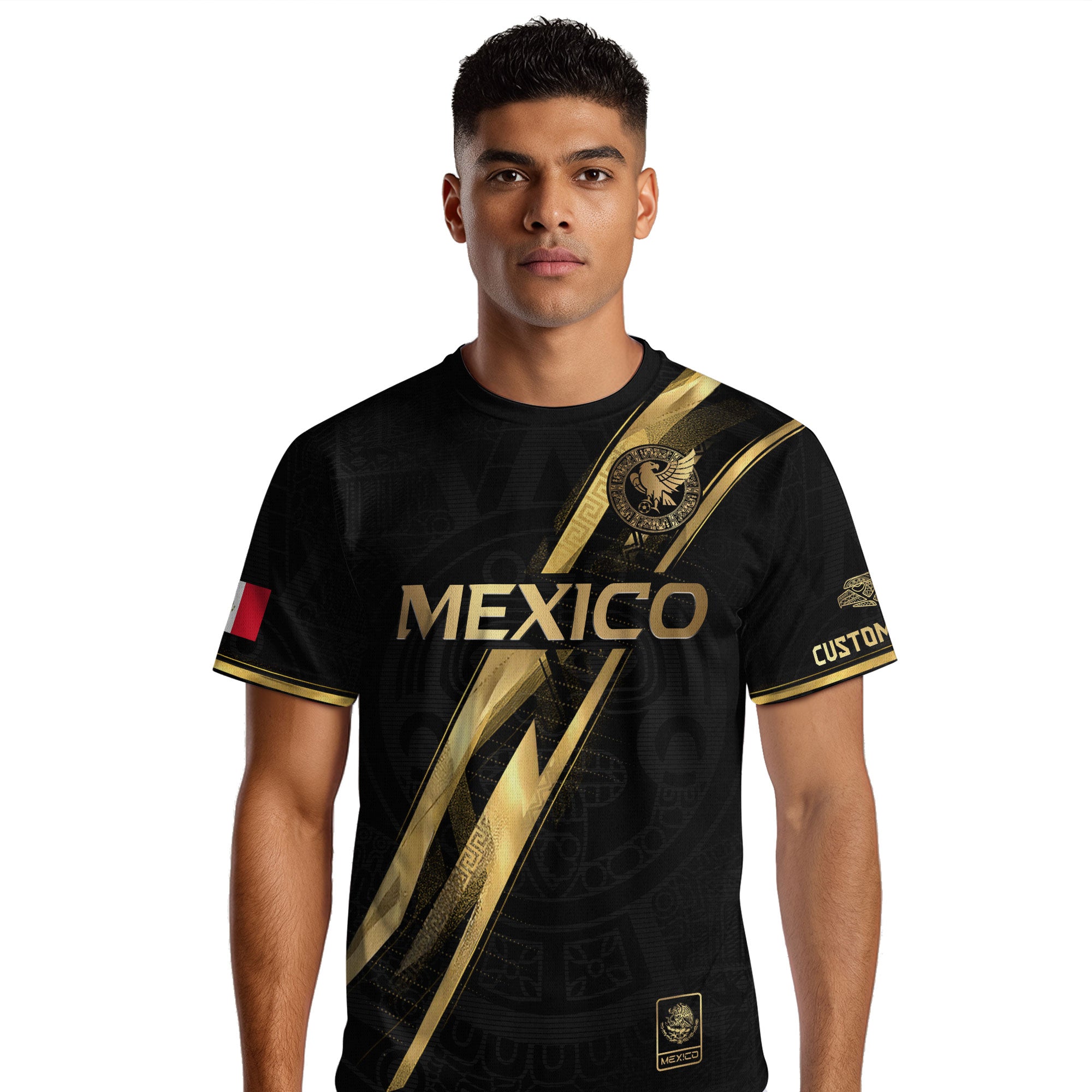 Custom Mexico Black Gold Soccer Jersey with Heritage Map Stripe Design