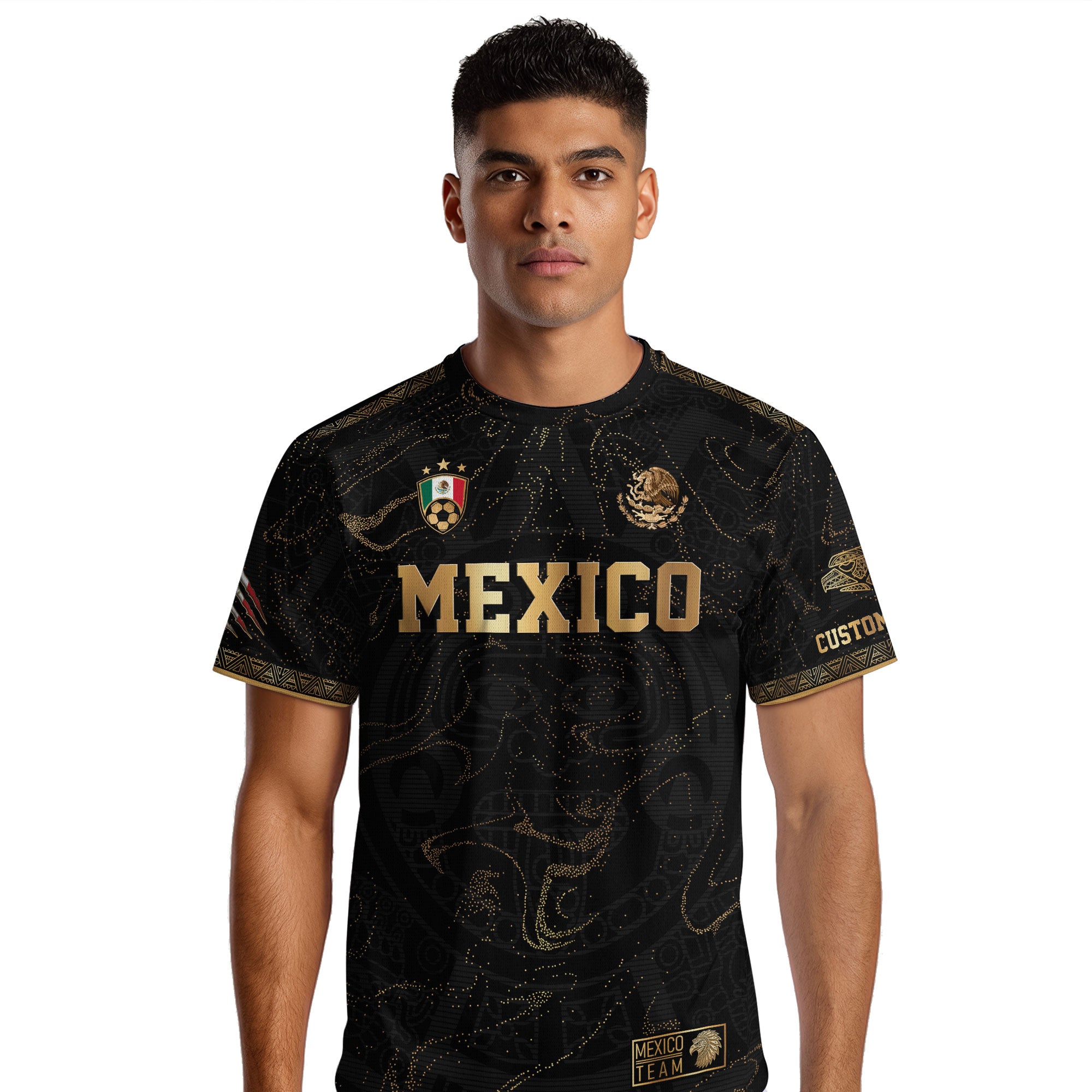Custom Mexico Black Gold Soccer Jersey with Heritage Map and Aztec Pattern