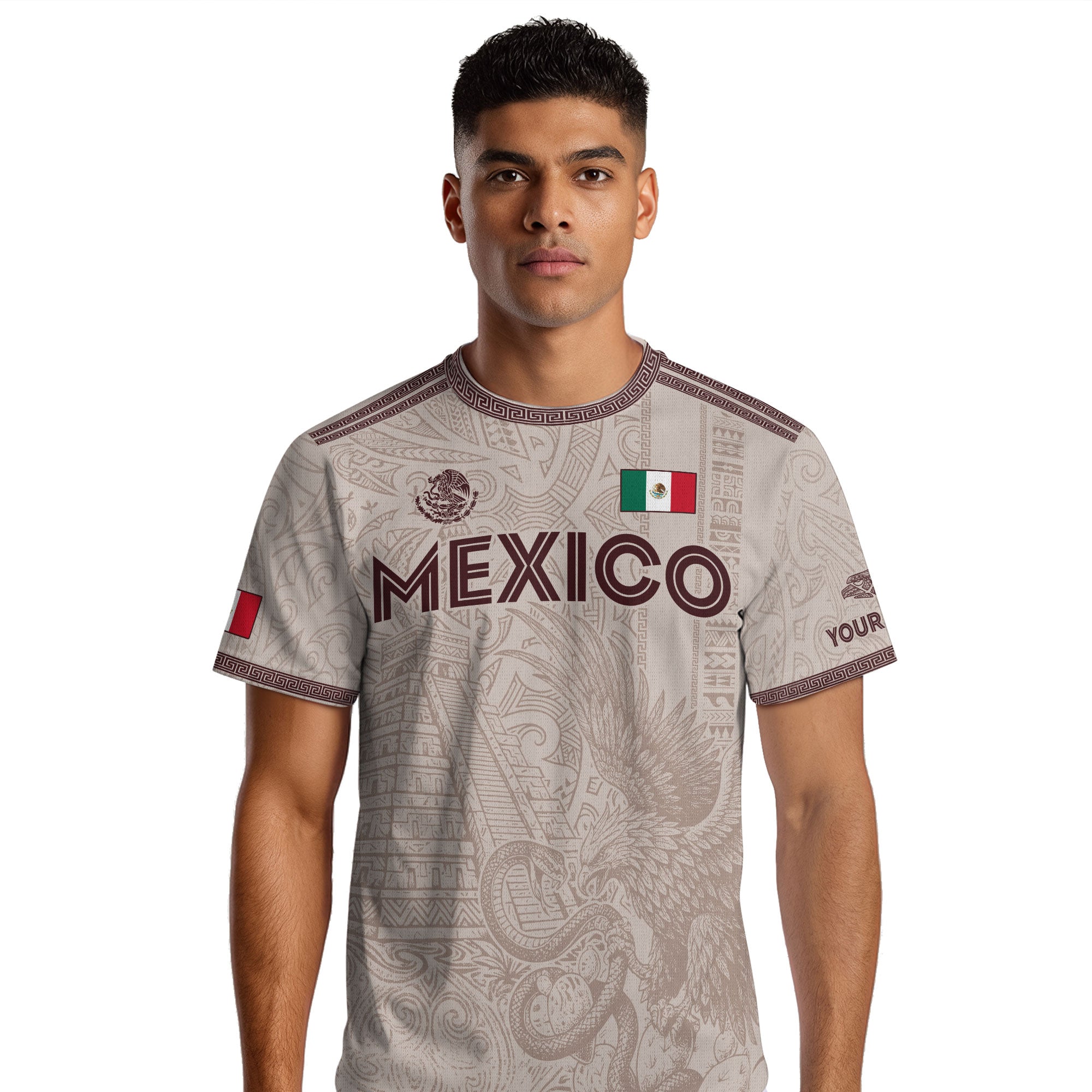 Custom Mexico Beige Aztec Eagle Pyramid Heritage Soccer Jersey