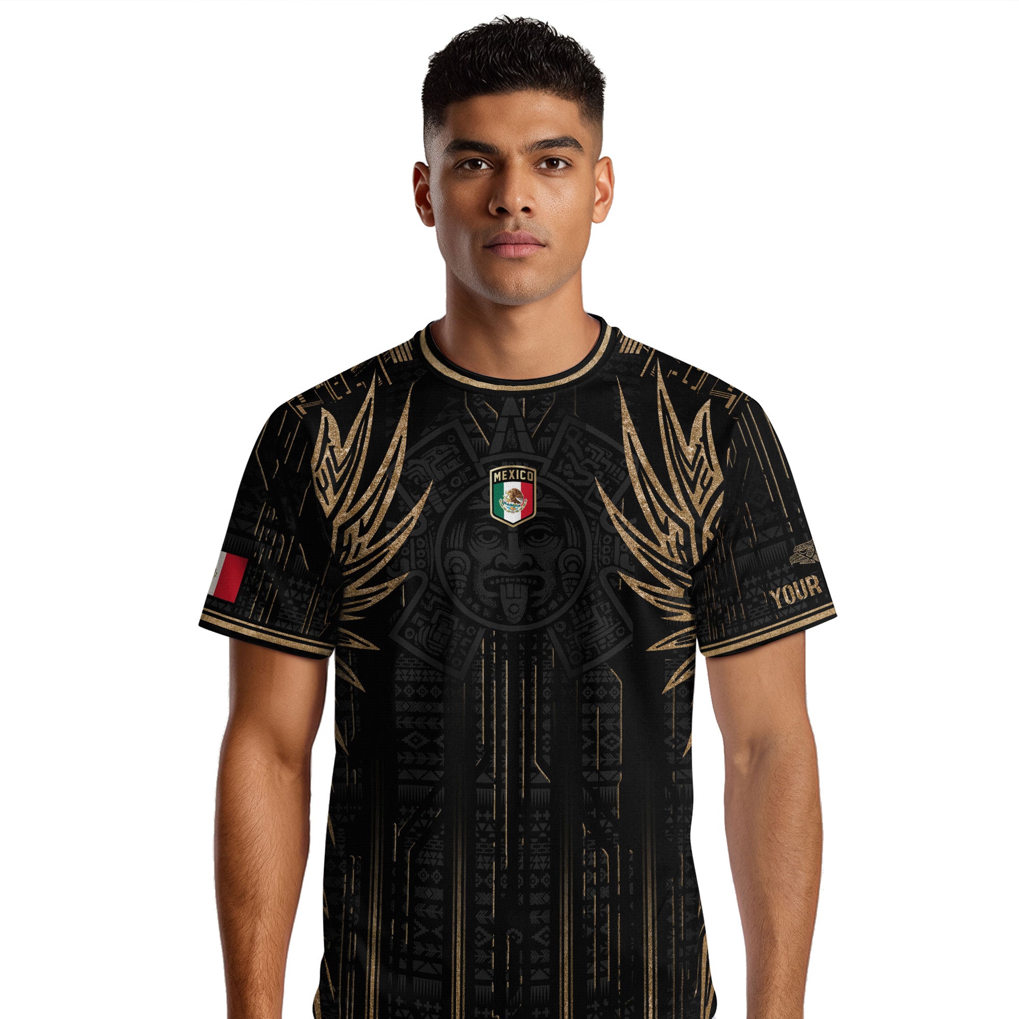 Custom Mexico Black Gold Aztec Warrior Wings Heritage Soccer Jersey