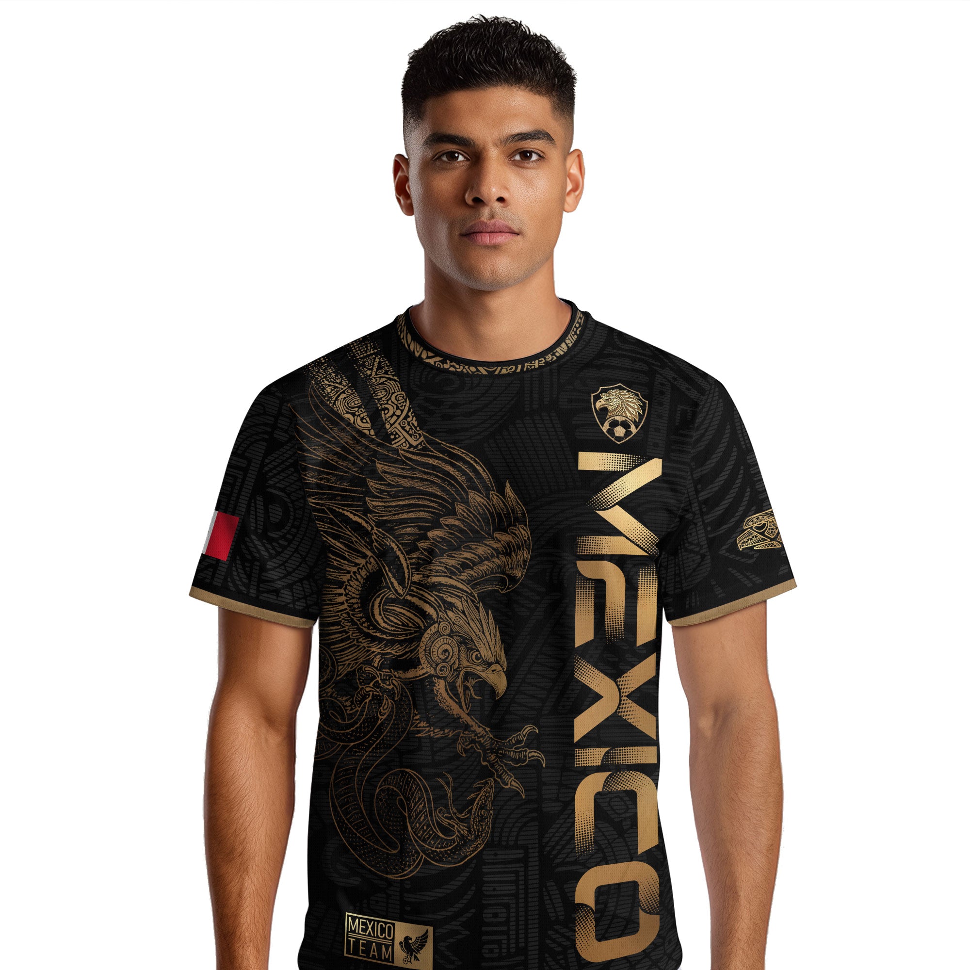 Camiseta de fútbol de la herencia del guerrero azteca del águila dorada negra de México