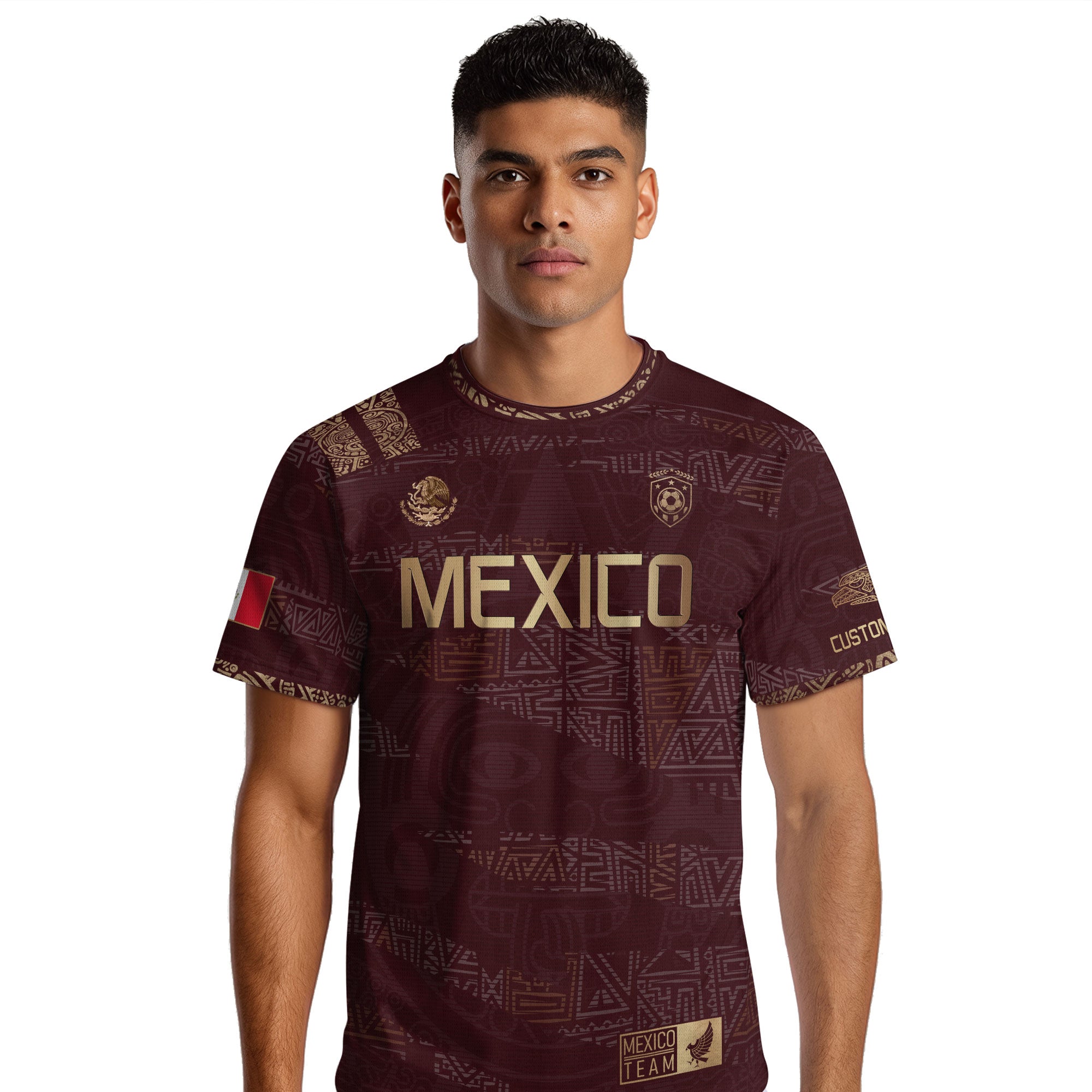 Custom Mexico Maroon Gold Aztec Heritage Soccer Jersey