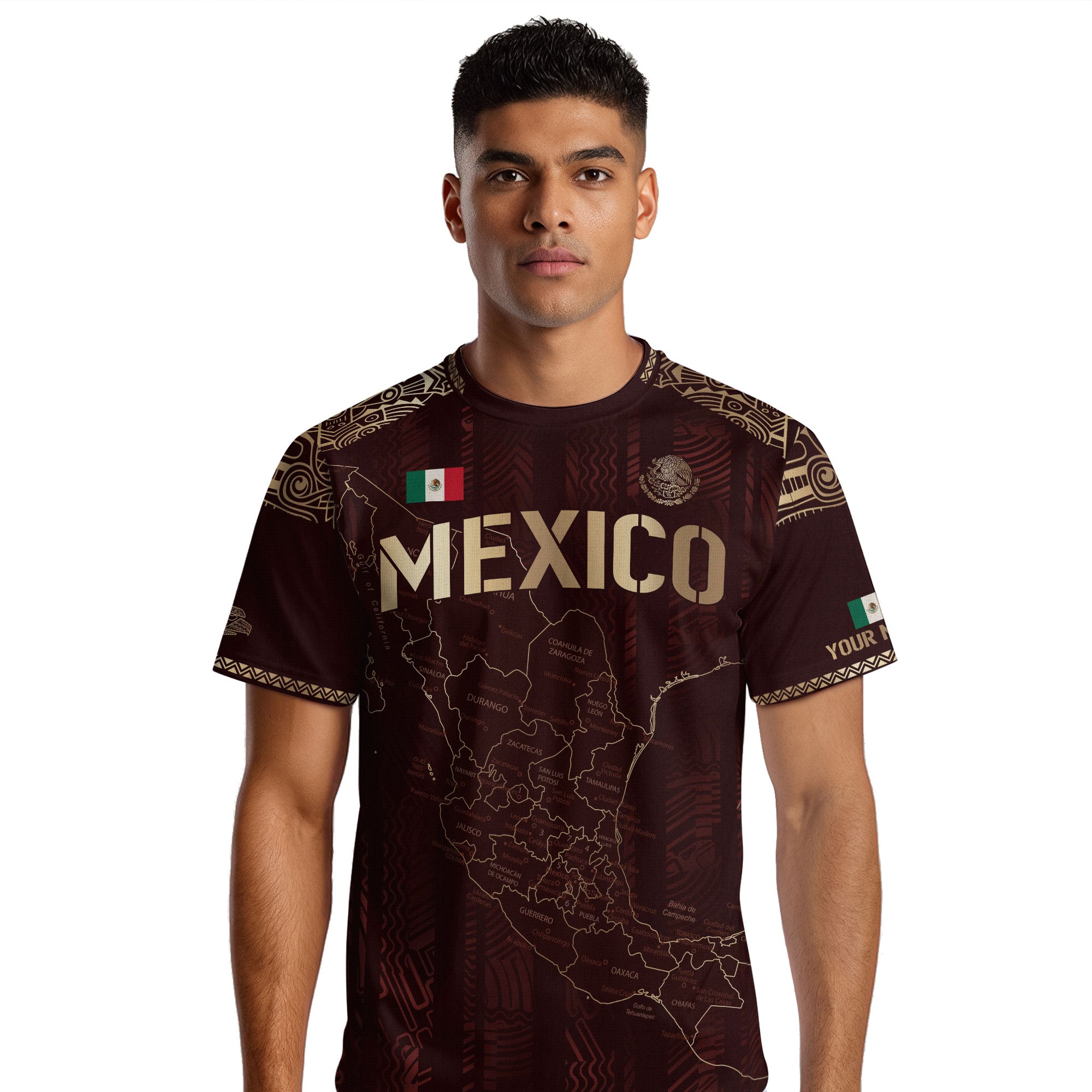 Custom Mexico Burgundy Soccer Jersey with Golden Aztec Map Design