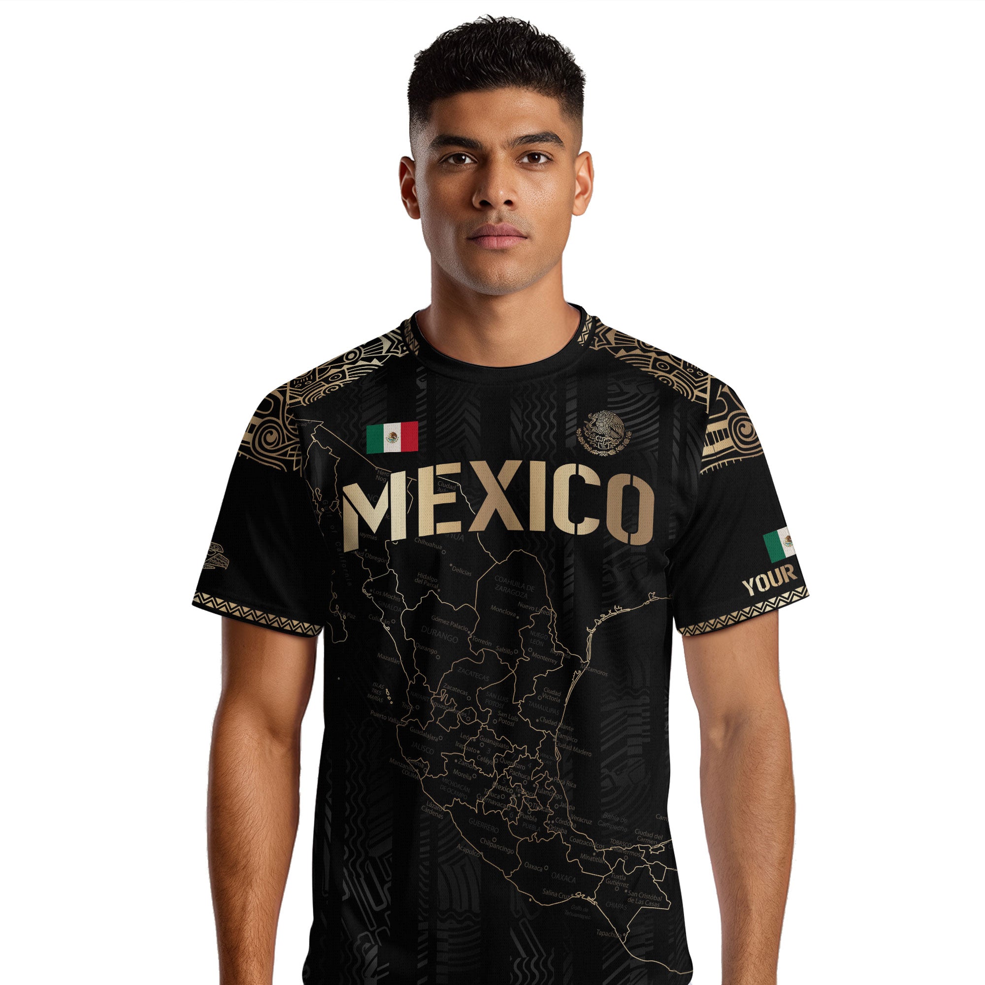 Custom Mexico Black Gold Soccer Jersey with Heritage Map and Aztec Details