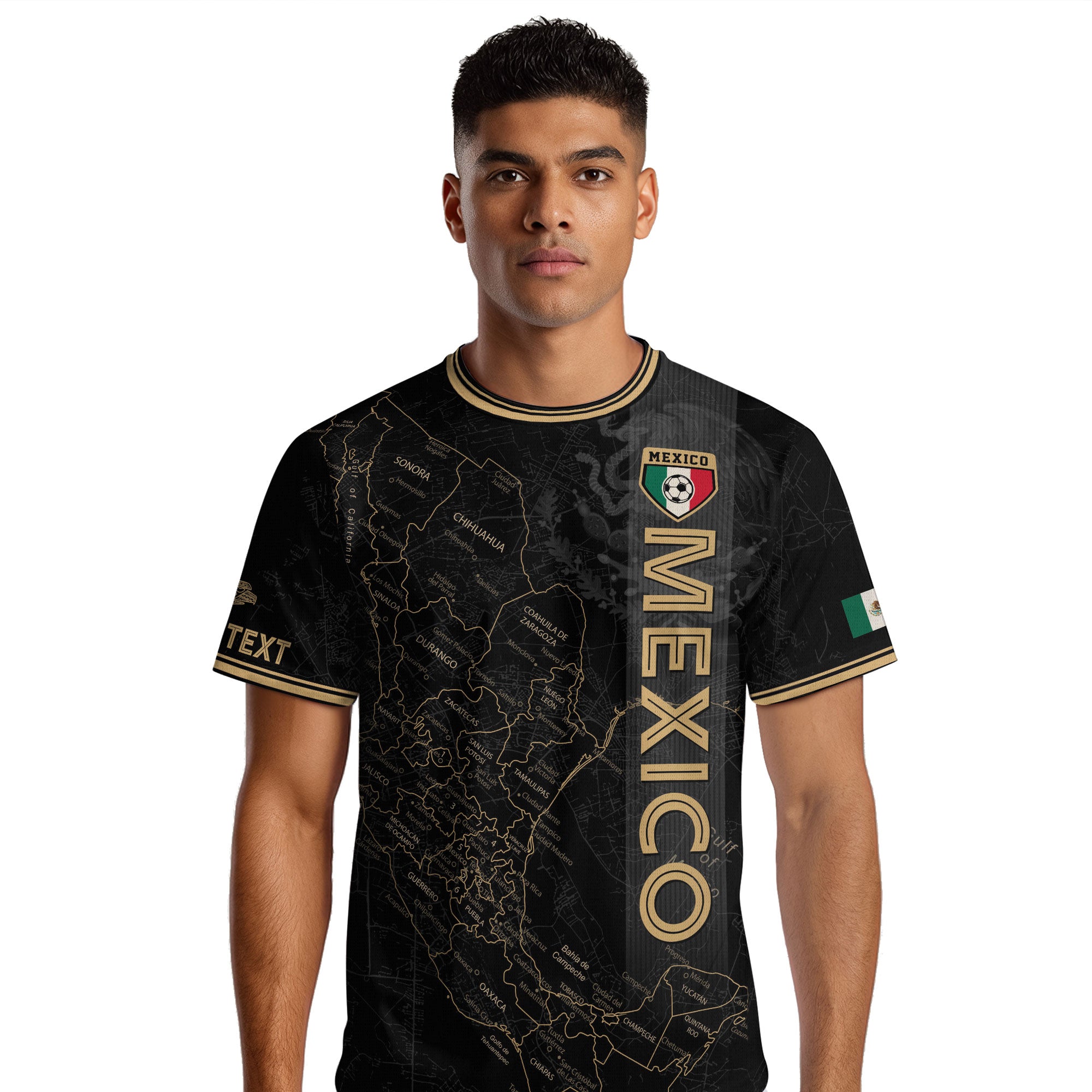 Custom Mexico Black Gold Soccer Jersey with Detailed Heritage Map Design
