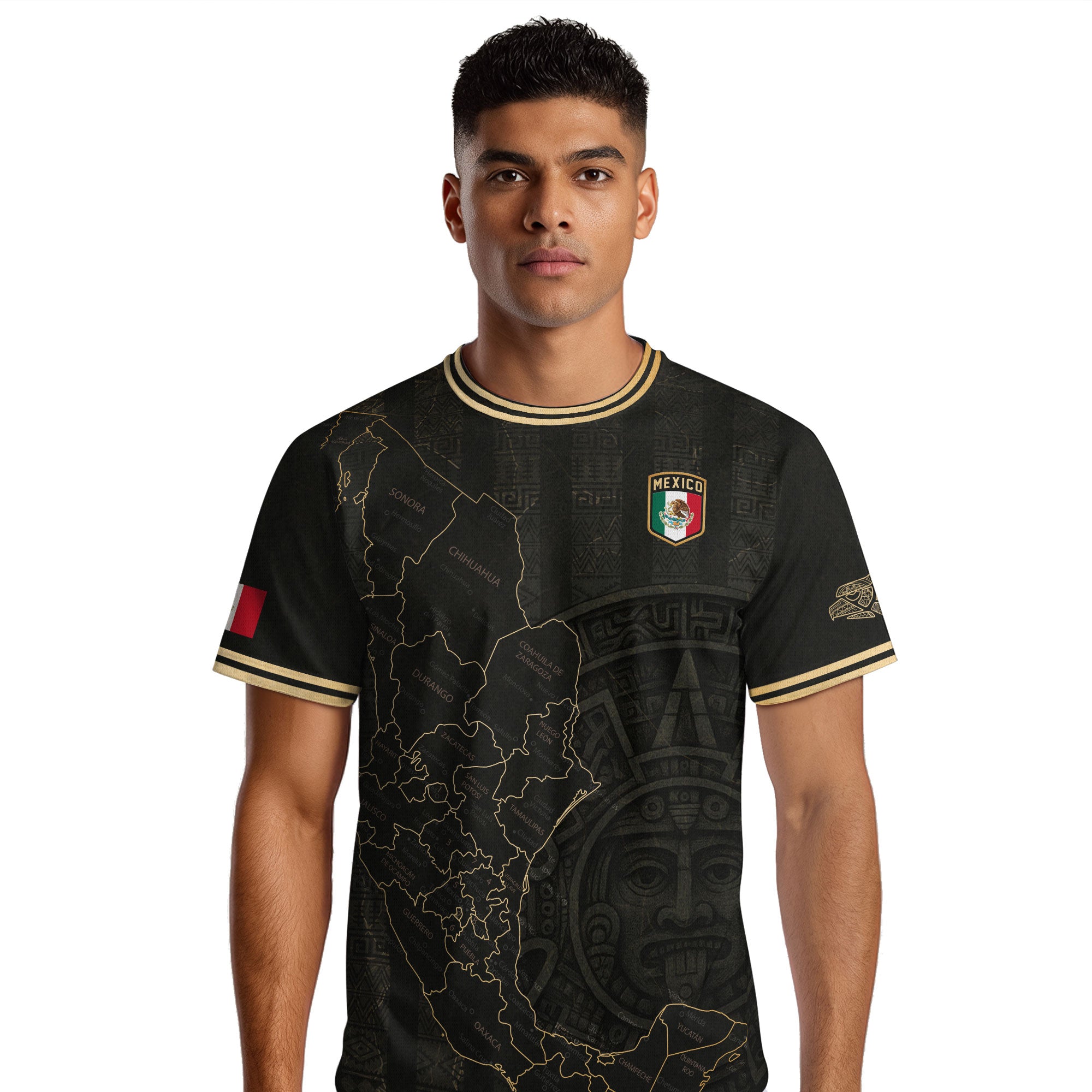 Camiseta de fútbol con el calendario azteca y el mapa negro y dorado de México