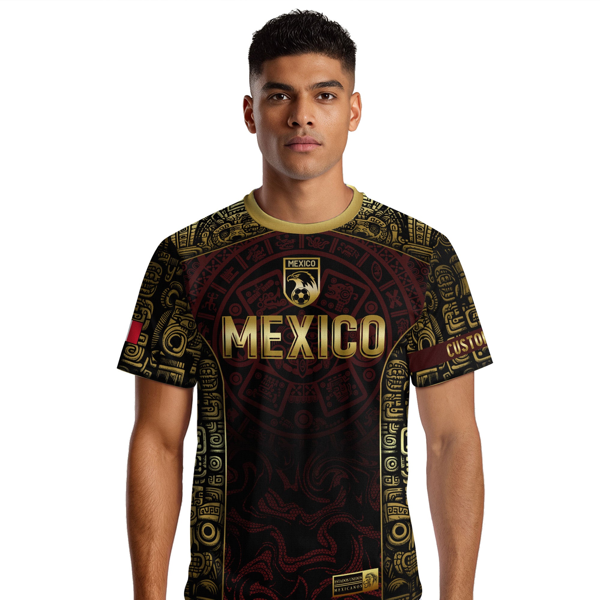 Custom Mexico Jersey Black Red Gold Aztec Calendar Design