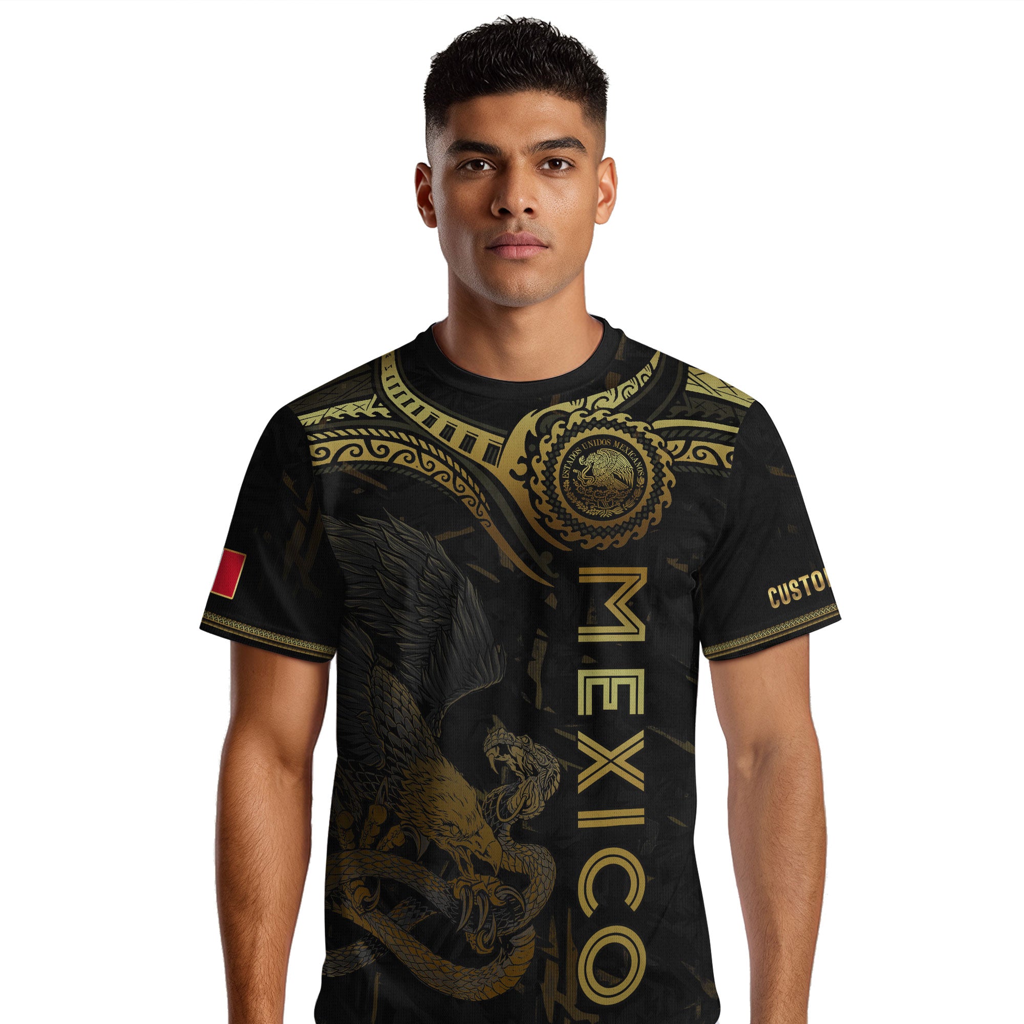 Custom Mexico Jersey Black Gold Eagle Serpent Aztec Design