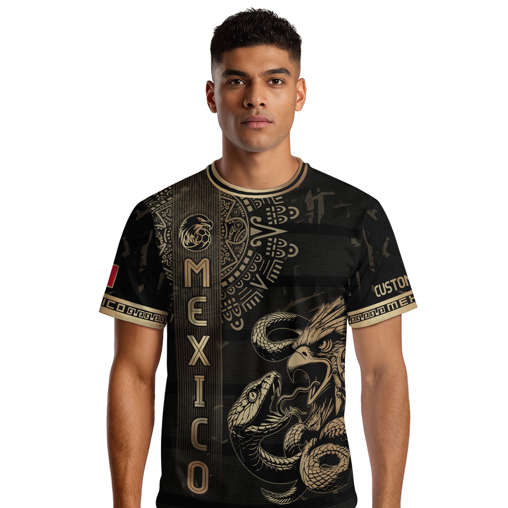 Custom Mexico Jersey Black Gold Eagle Serpent Aztec Warrior Design