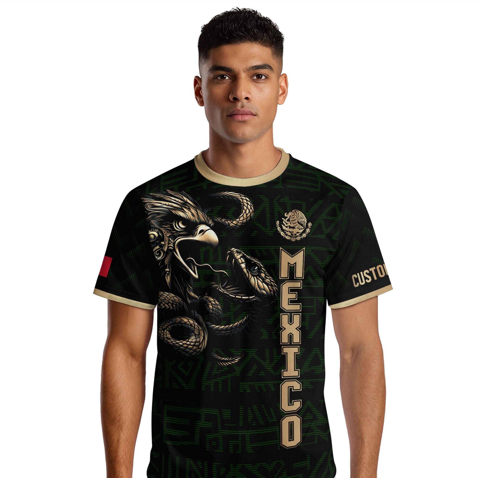 Custom Mexico Soccer Jersey Black Gold Aztec Eagle Design