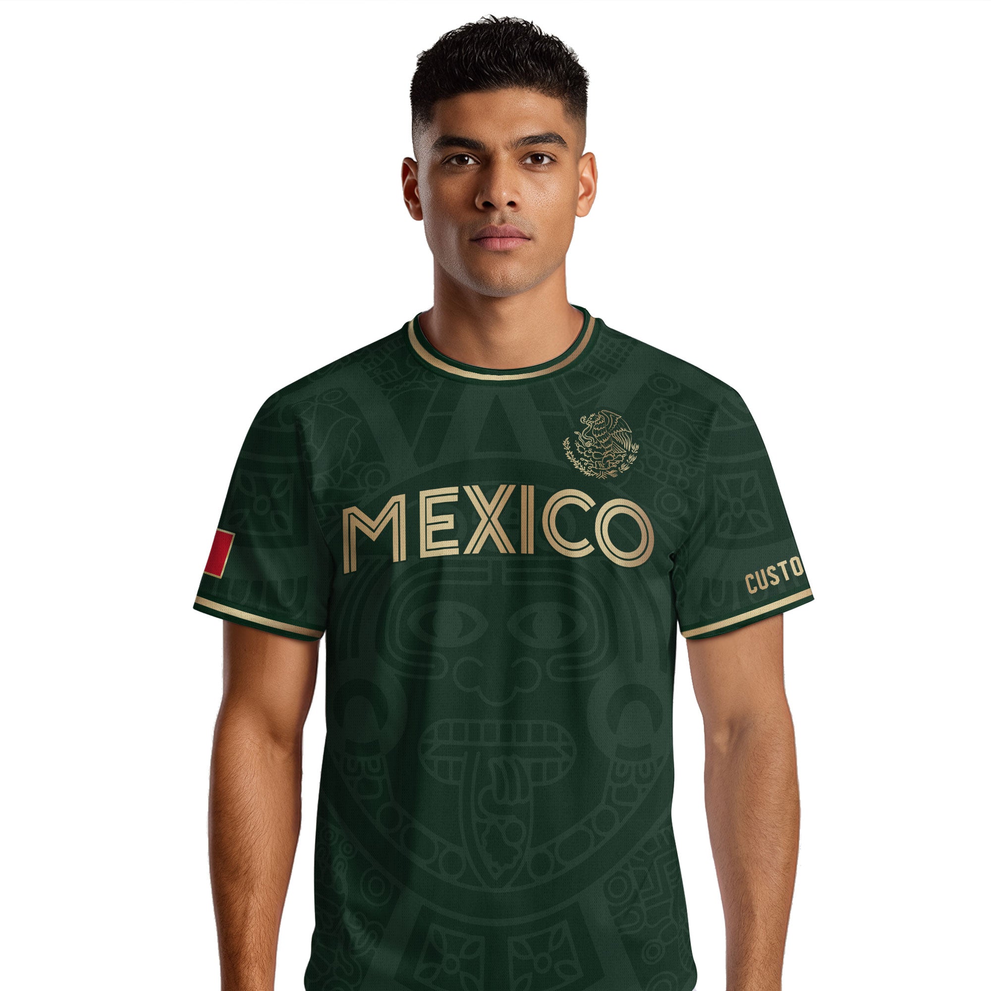 Custom Mexico Soccer Jersey Green Gold Aztec Calendar Design