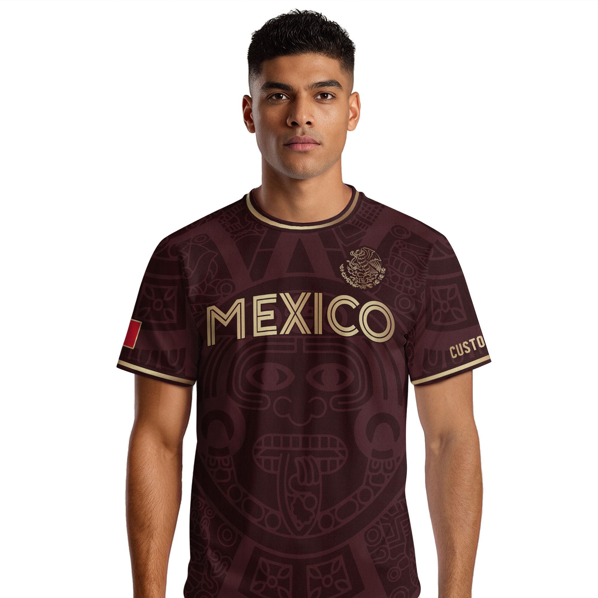 Custom Mexico Soccer Jersey Maroon Gold Aztec Calendar Design