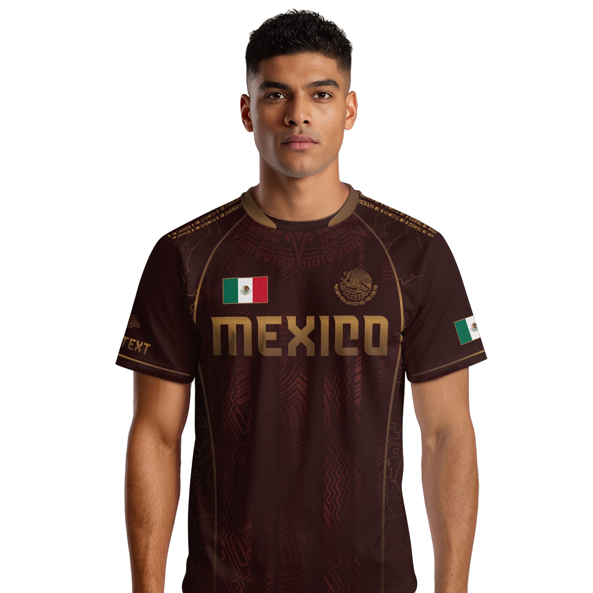Custom Mexico Soccer Jersey Burgundy Gold Aztec Pattern Heritage Design
