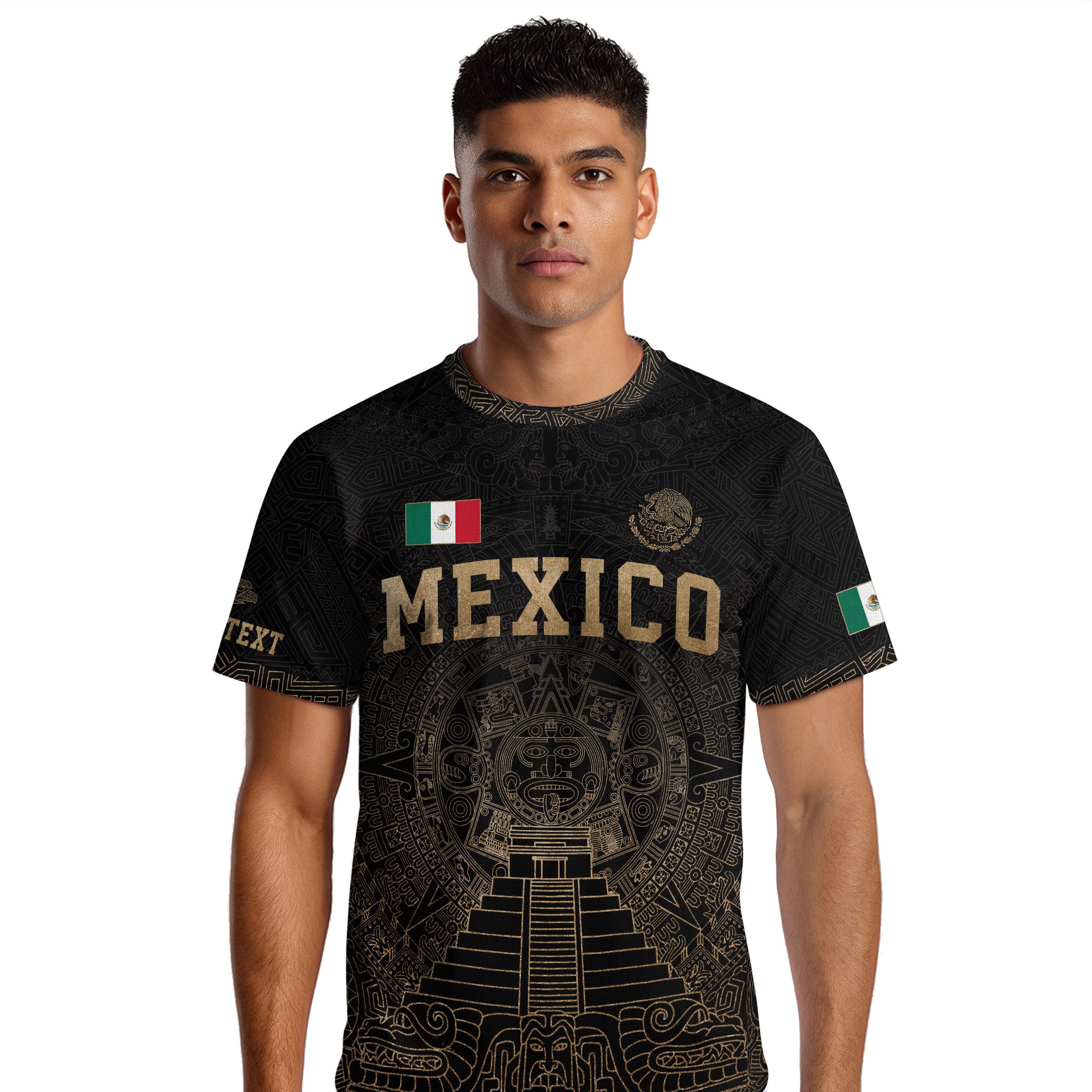 Custom Mexico Soccer Jersey Black Gold Aztec Calendar Heritage Design