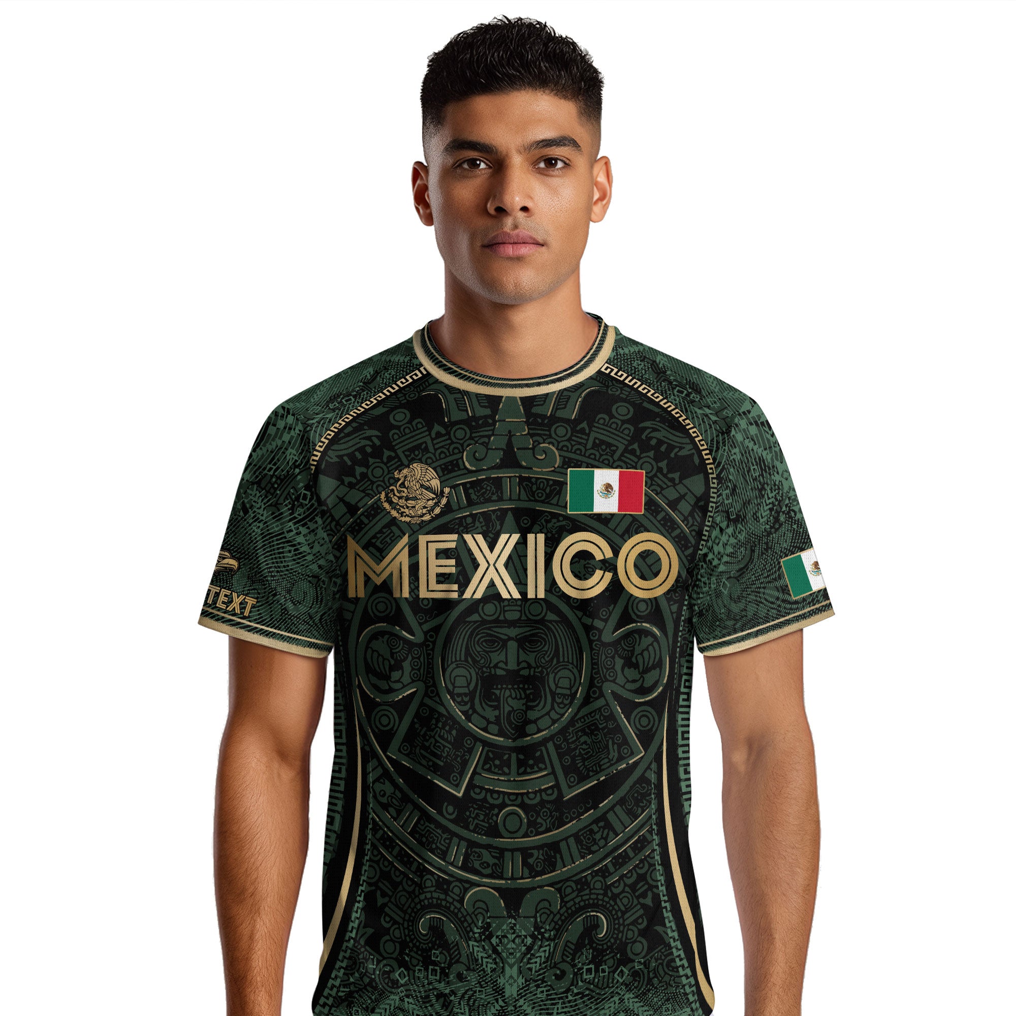 Custom Mexico Soccer Jersey Green Gold Aztec Calendar Heritage Design