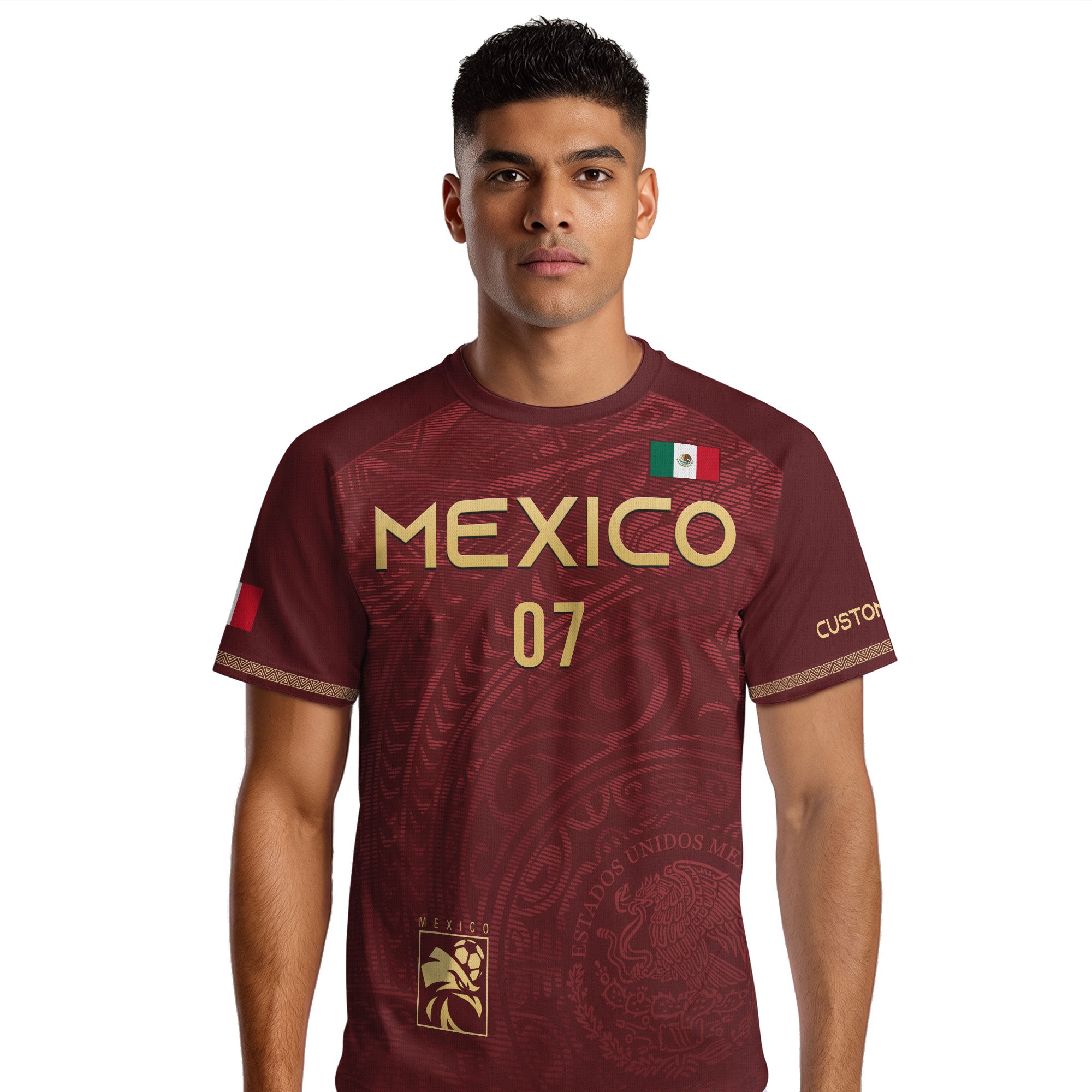 Custom Mexico Soccer Jersey Burgundy Gold Eagle Pattern Design
