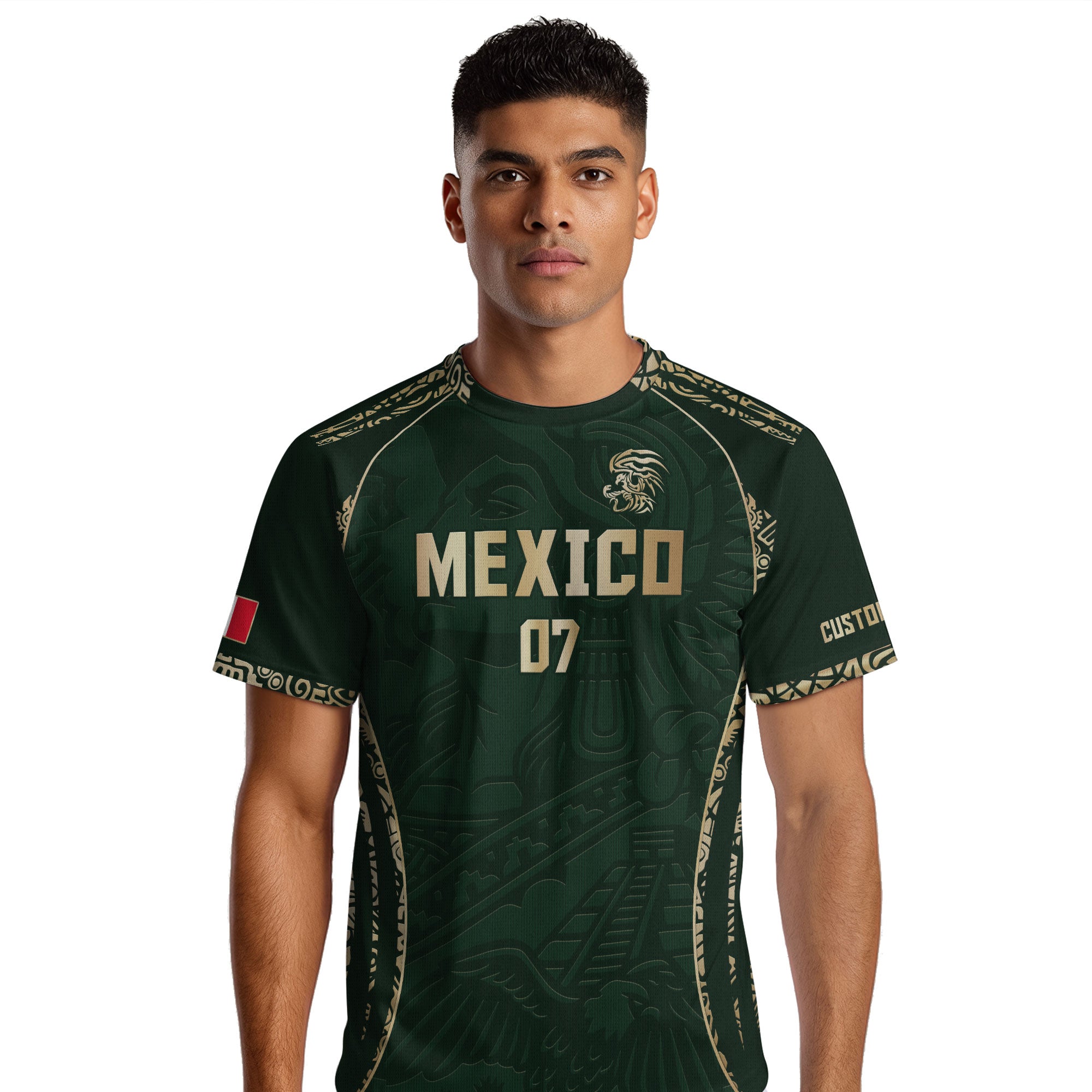 Custom Mexico Soccer Jersey Dark Green Gold Aztec Eagle Design