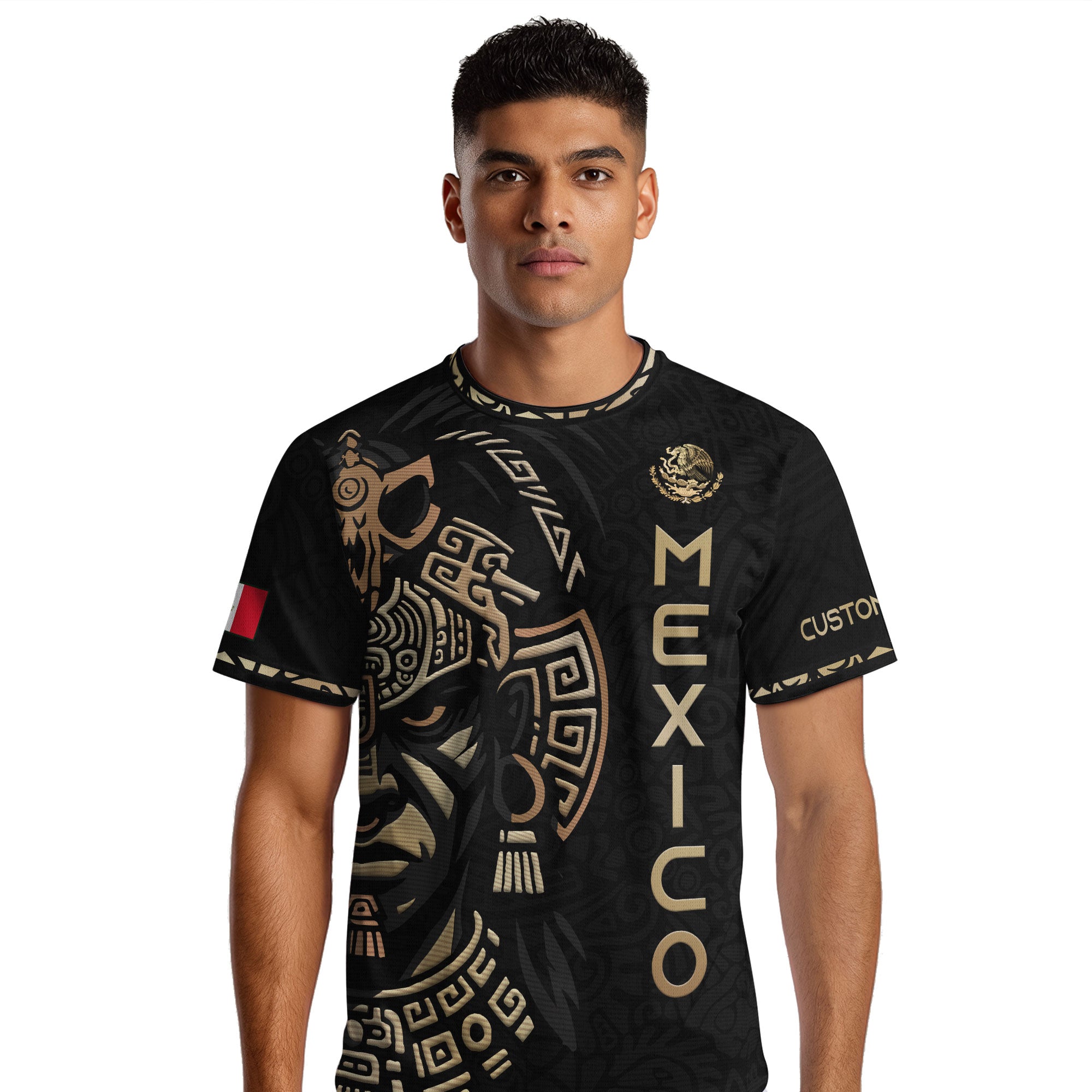 Custom Mexico Soccer Jersey Black Gold Aztec Warrior Face Design