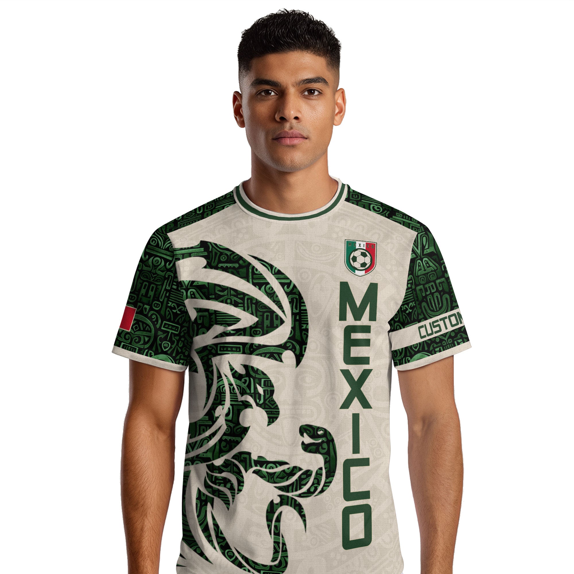 Custom Mexico Soccer Jersey Beige Green Aztec Design
