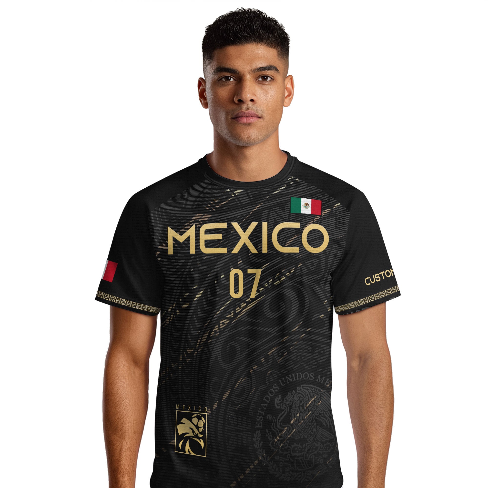 Custom Black Gold Mexico Soccer Jersey with Eagle Design