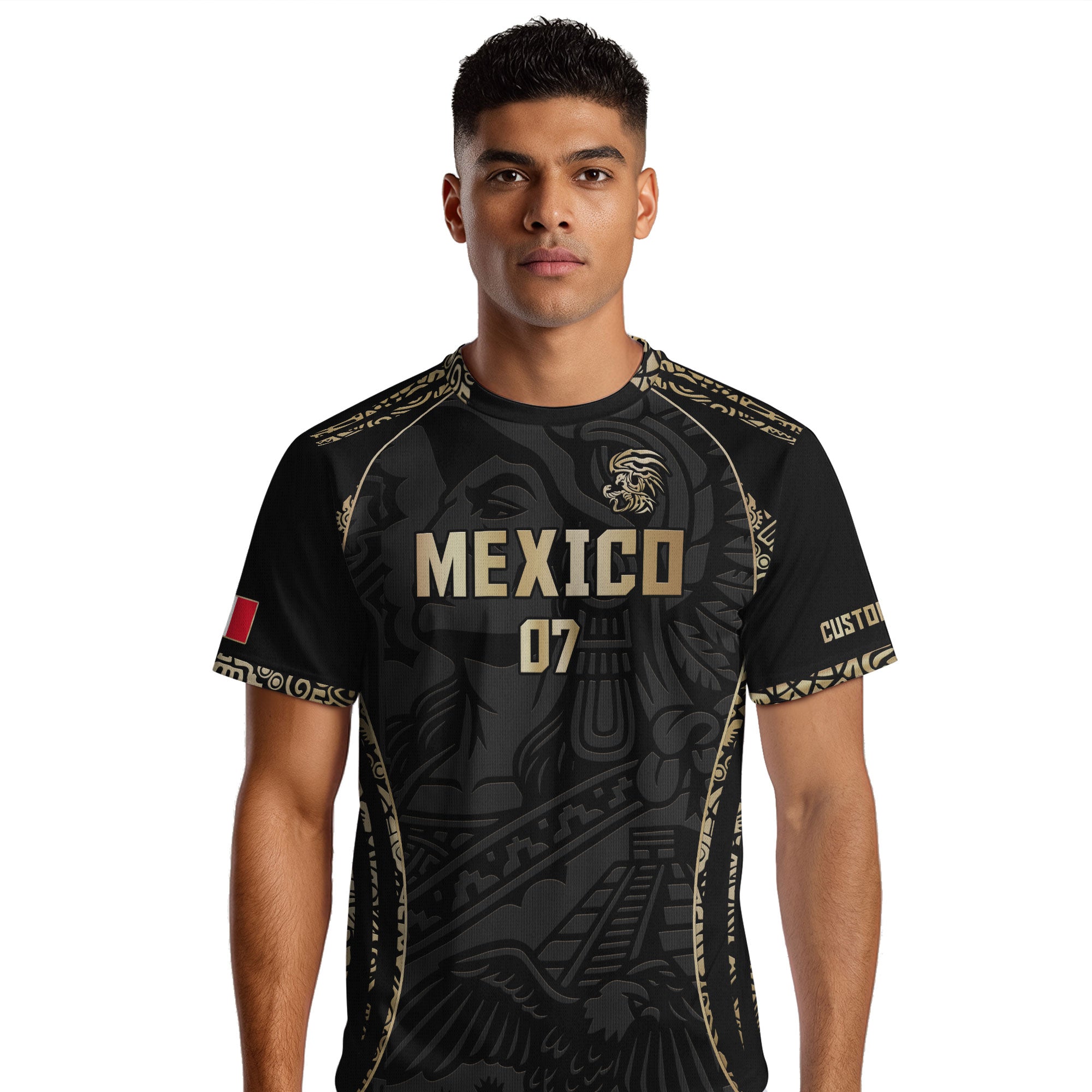 Custom Mexico Soccer Jersey Black Gold Aztec Eagle Pyramid Design