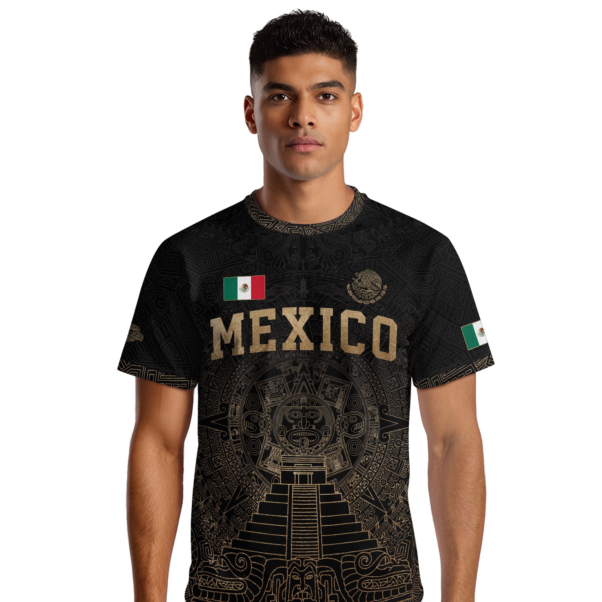 Mexico Soccer Jersey Black Gold Aztec Calendar Eagle Emblem Design