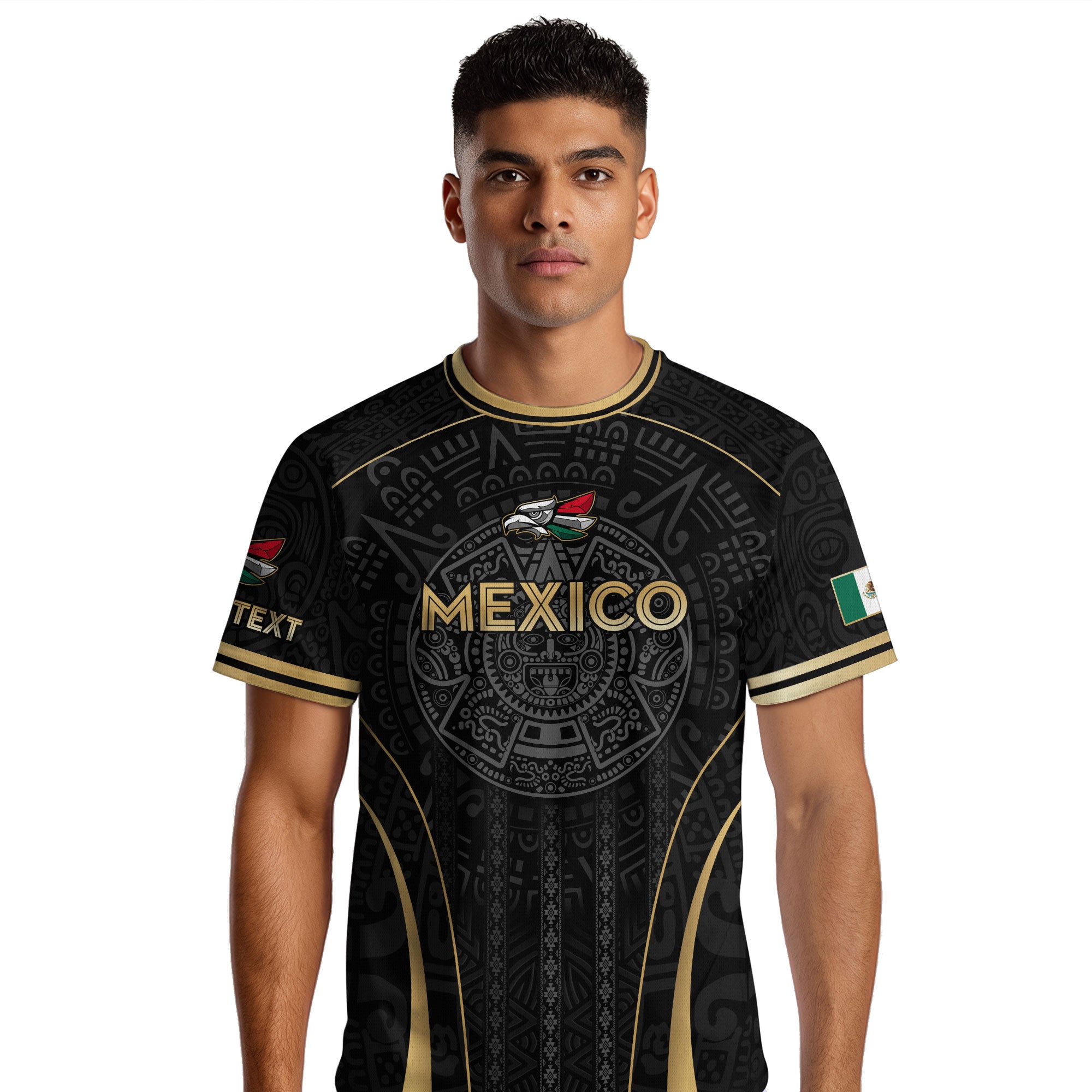 Custom Mexico Soccer Jersey Black Gold Aztec Calendar Design