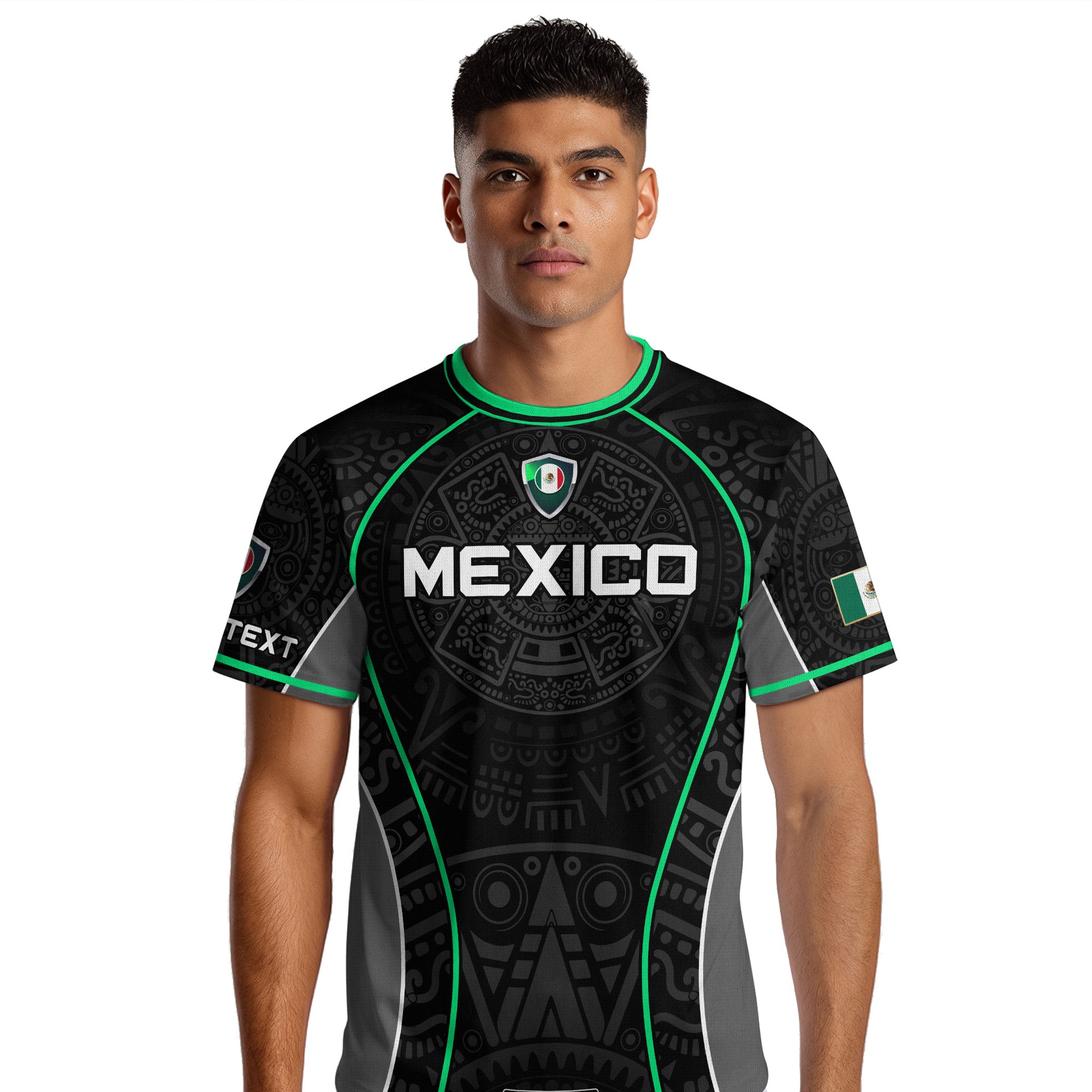 Custom Mexico Soccer Jersey Black Green Aztec Pattern Design