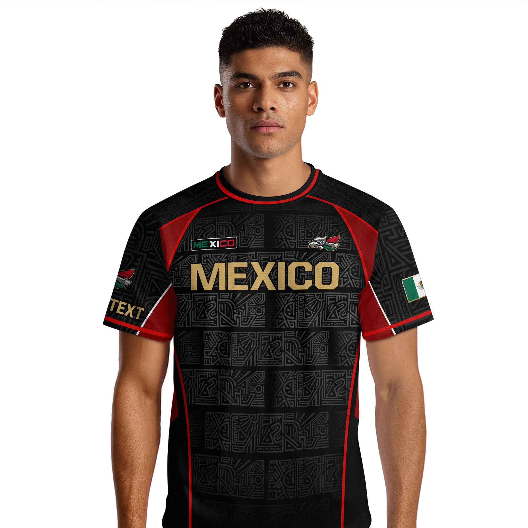 Custom Mexico Soccer Jersey Black Red Gold Aztec Pattern Design