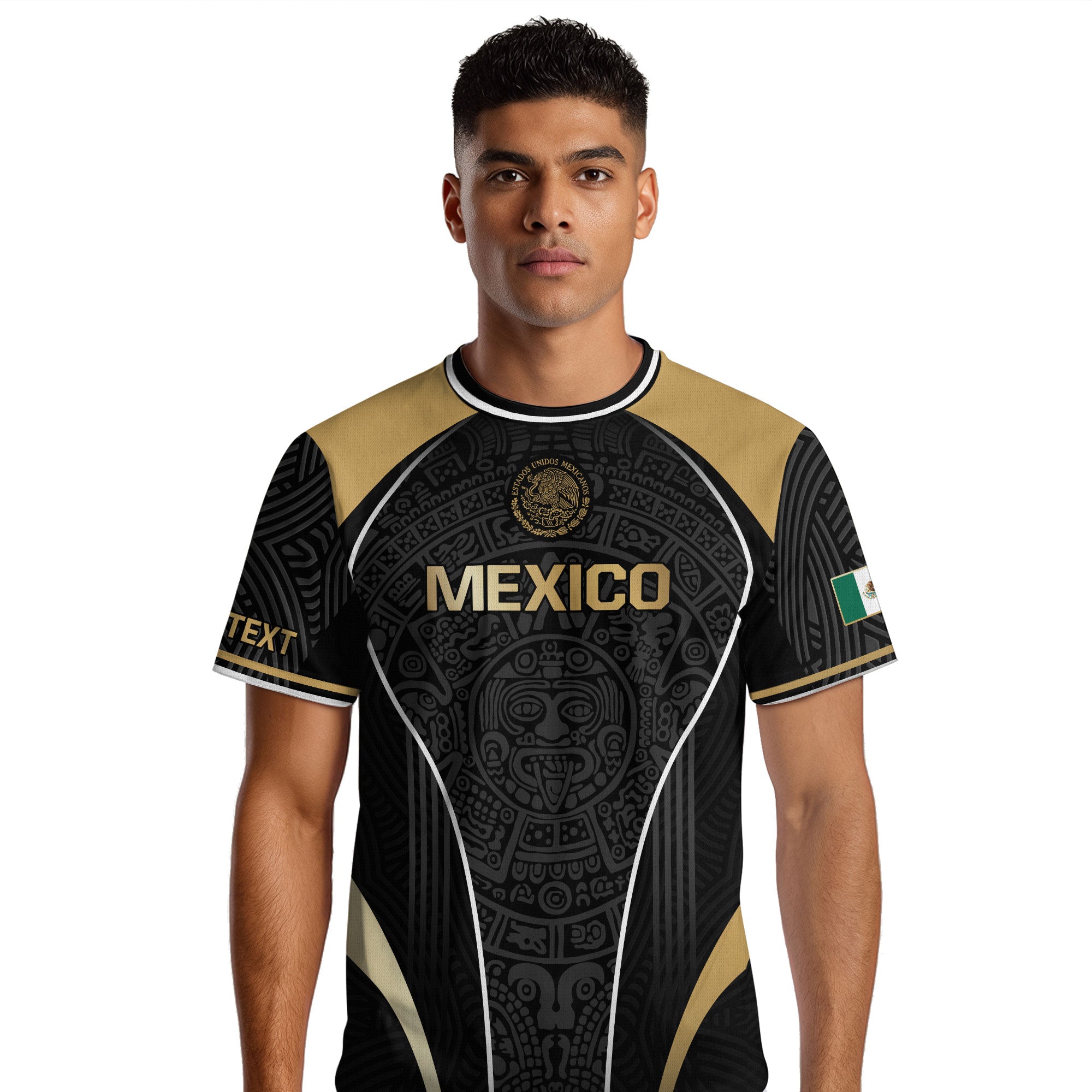 Custom Mexico Soccer Jersey Black Gold Heritage Aztec Pattern Design