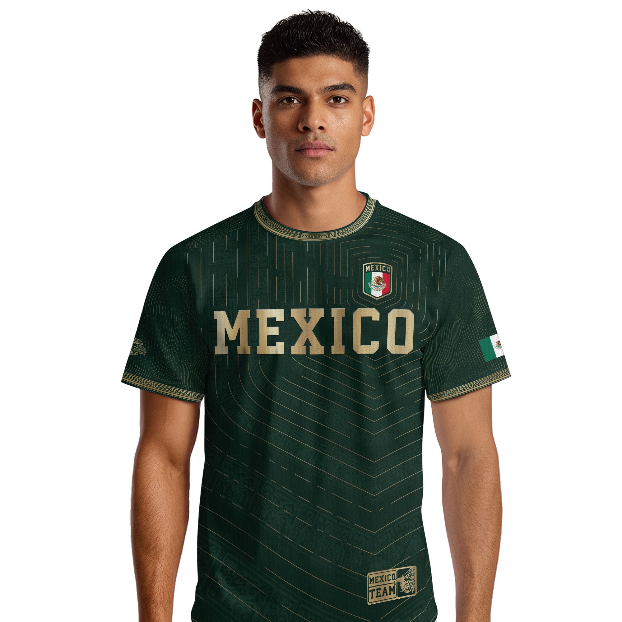 Camiseta de fútbol premium con emblema de águila azteca verde y dorado de México