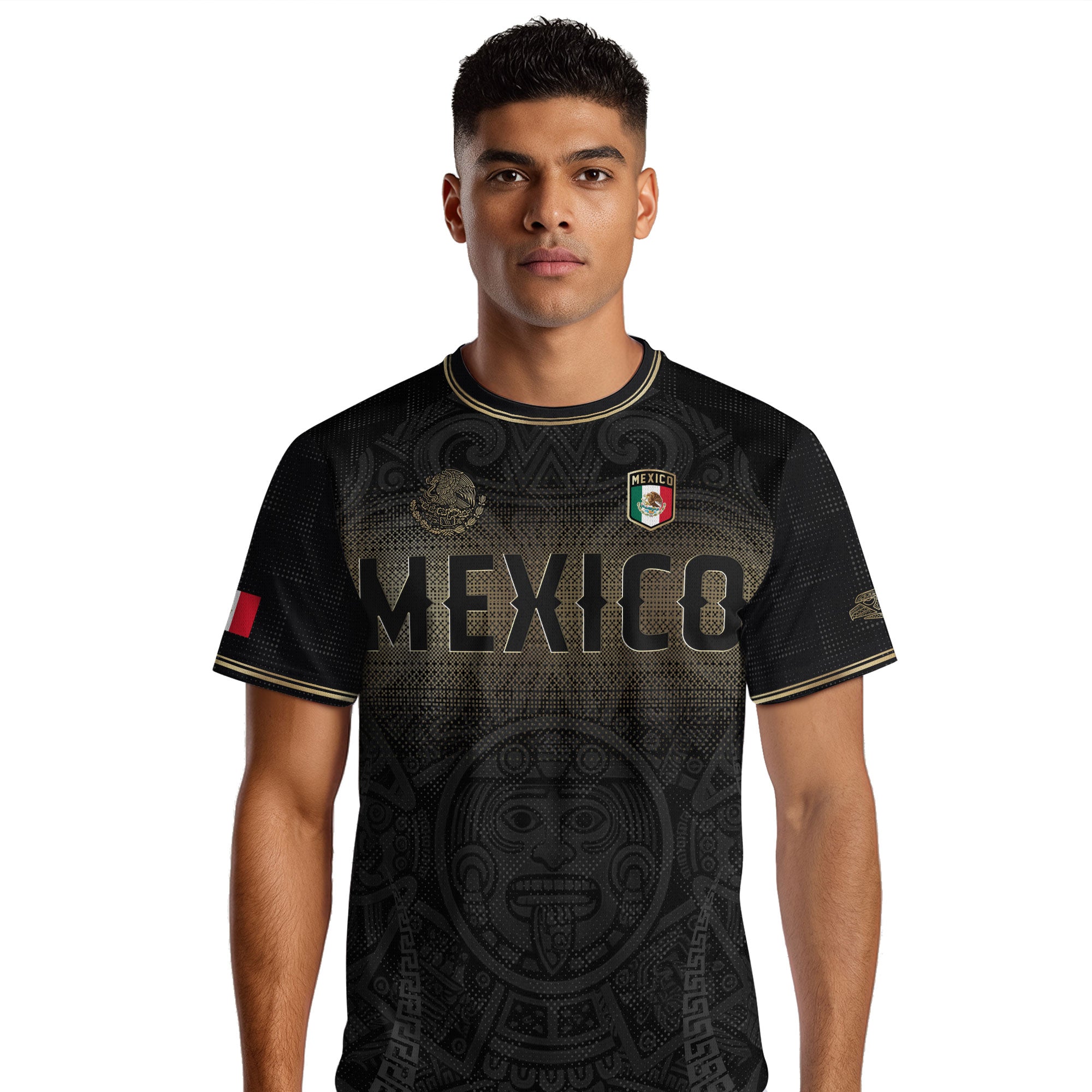 Camiseta de fútbol premium con emblema de águila azteca verde y dorado de México