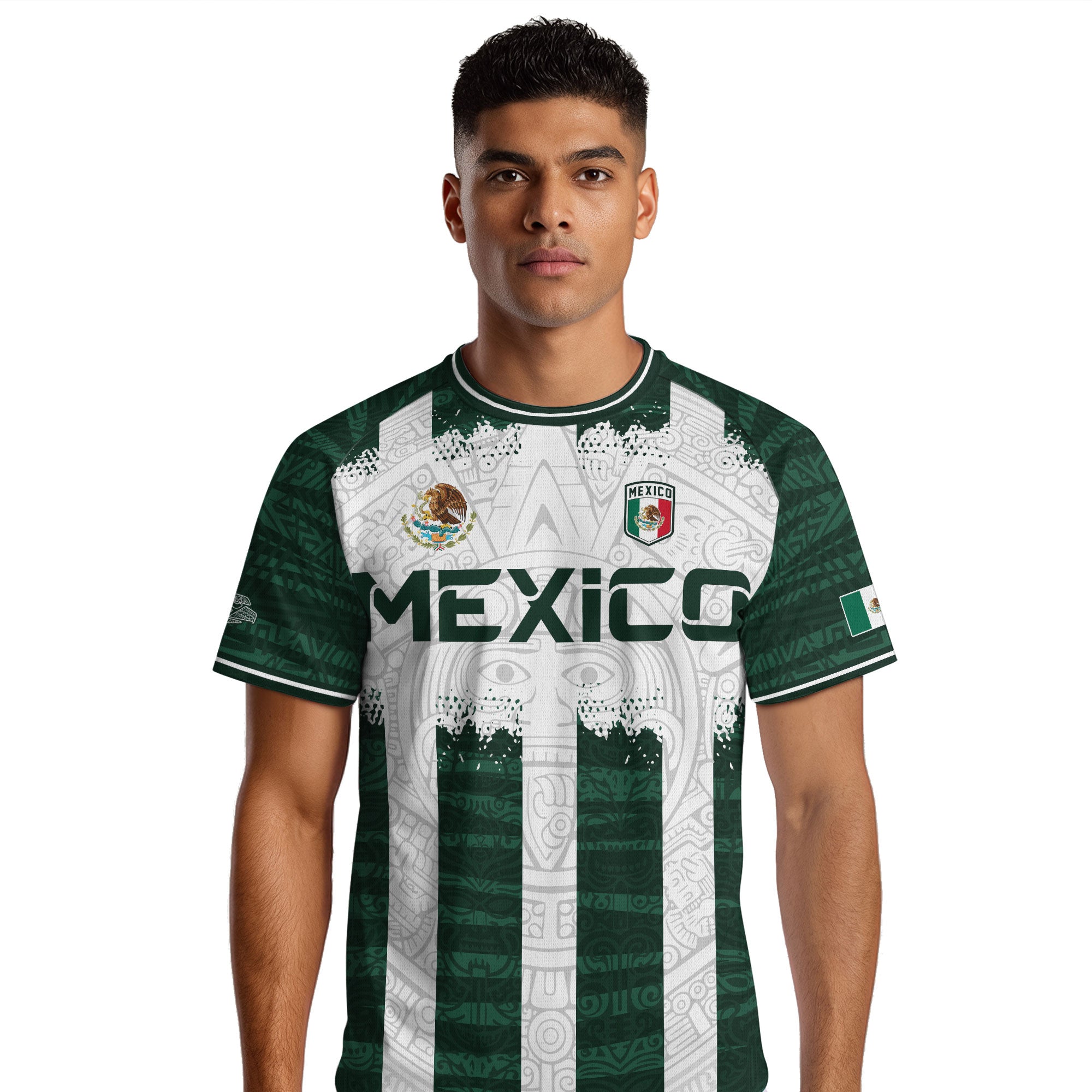 Camiseta de fútbol premium con emblema de águila azteca verde y dorado de México