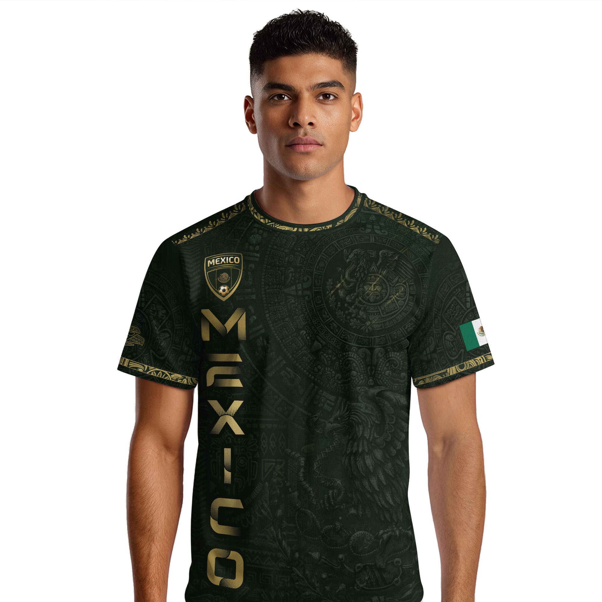 Camiseta de fútbol premium con emblema de águila azteca verde y dorado de México